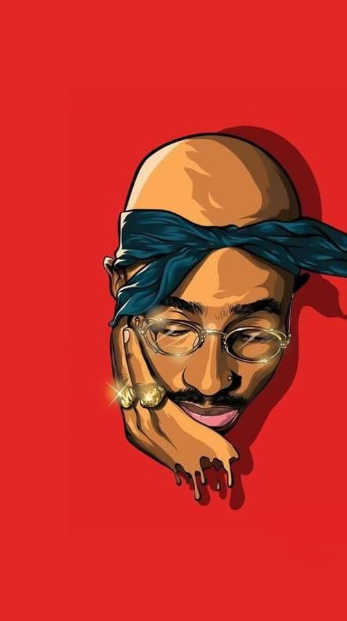 tupac 桌布 壁紙 — 一個風格化的數位肖像，描繪了Tupac Shakur，戴著藍色頭巾和金戒指，背景為大膽的紅色。