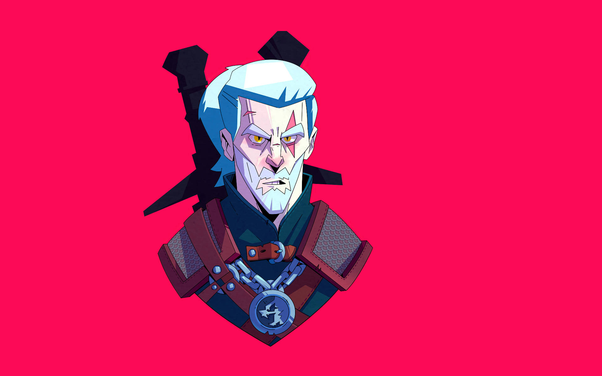Animated Cartoon 桌布 壁紙 — 一個風格化的數位肖像，描繪了利維亞的傑洛特，白髮黃眼，背景是充滿活力的粉紅色。
