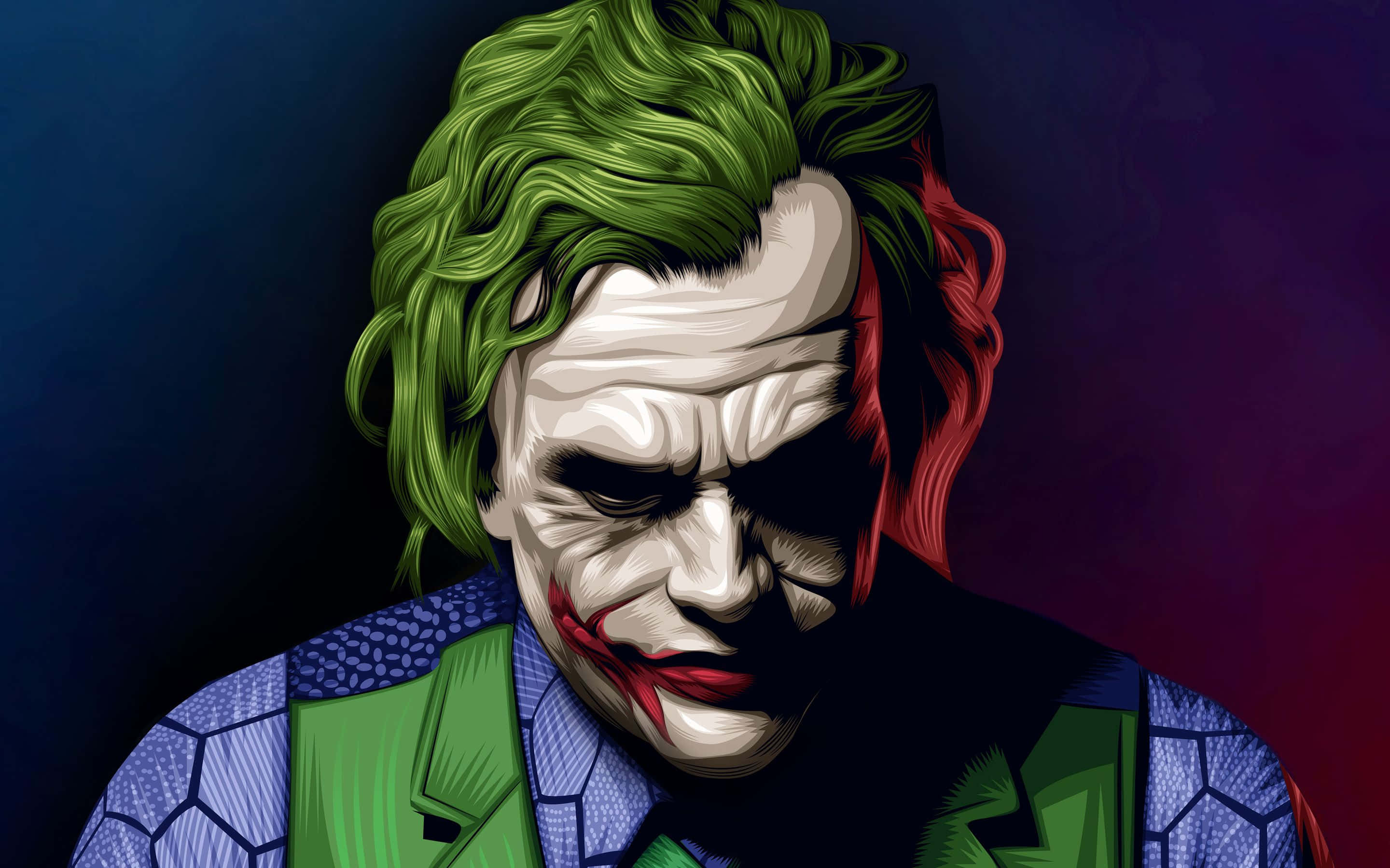 Joker Painting 桌布 壁紙 — 一個風格化的數位肖像，描繪小丑，擁有綠色頭髮、紅色嘴唇和邪惡的笑容，背景為深色漸層。