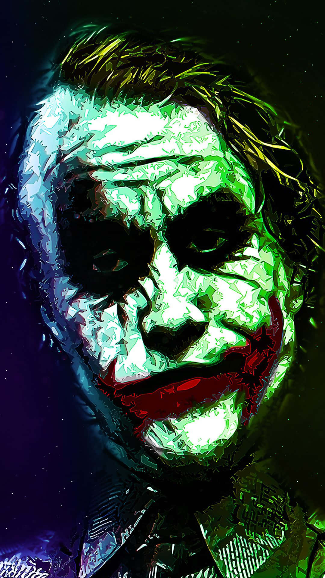Joker Art 桌布 壁紙 — 一個風格化的數位肖像，描繪小丑在黑暗宇宙背景下，擁有發光的綠色皮膚和寬闊的紅色咧嘴笑。