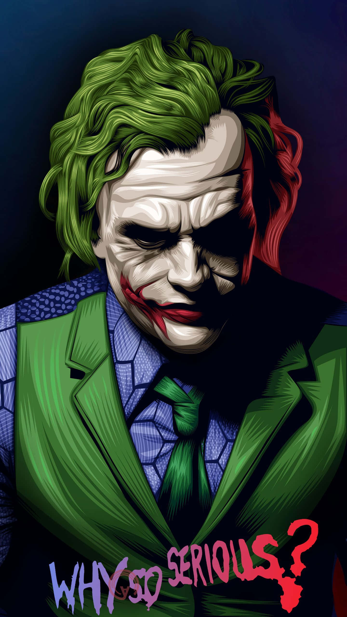 Joker Art 桌布 壁紙 — 一個風格化的數位肖像，描繪小丑擁有綠色頭髮、紅色嘴唇和陰險的笑容，背景為深色。