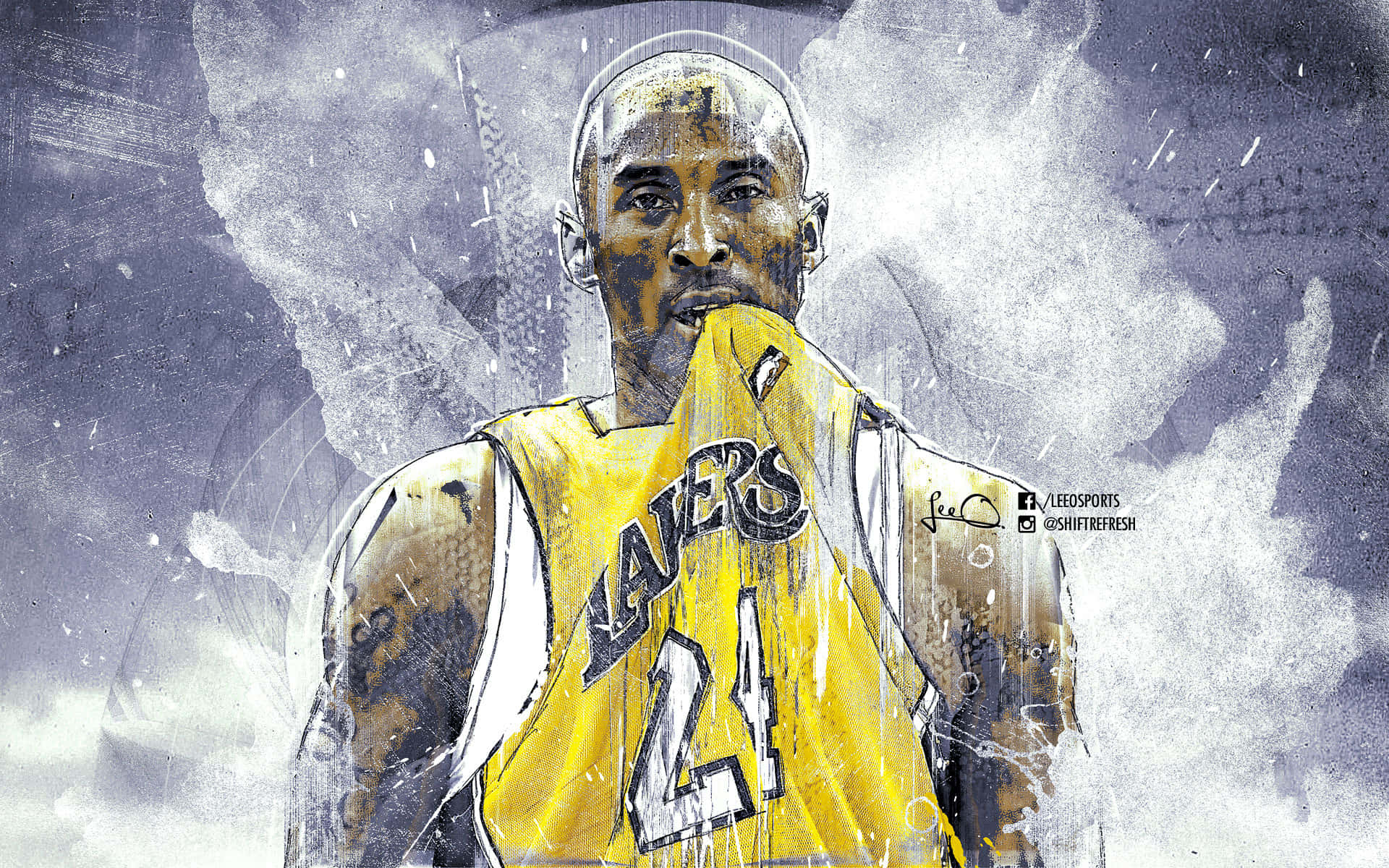 Kobe Basketball 桌布 壁紙 — 一個風格化的數位肖像，柯比·布萊恩特穿著黃色湖人隊球衣，在煙霧繚繞的灰色背景前將球衣舉到嘴邊。