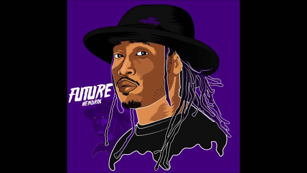 嘻哈 桌布 壁紙 — 一個風格化的數位肖像，說唱歌手Future留著辮子頭，戴著黑色帽子，背景是充滿活力的紫色。