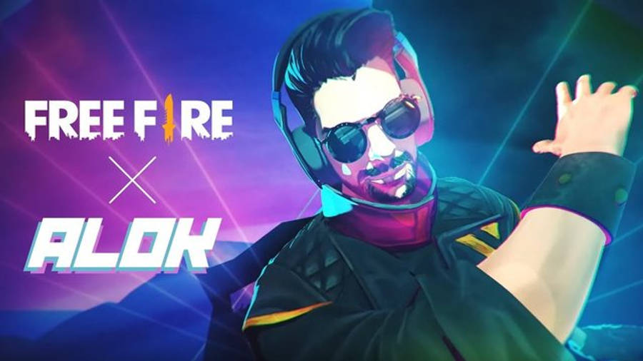 dj alok free fire 桌布 壁紙 — 一個風格化的數位肖像，音樂家 Alok 戴著遊戲耳機，背景是充滿活力的霓虹紫色和藍色，帶有 'FREE FIRE x ALOK' 文字。