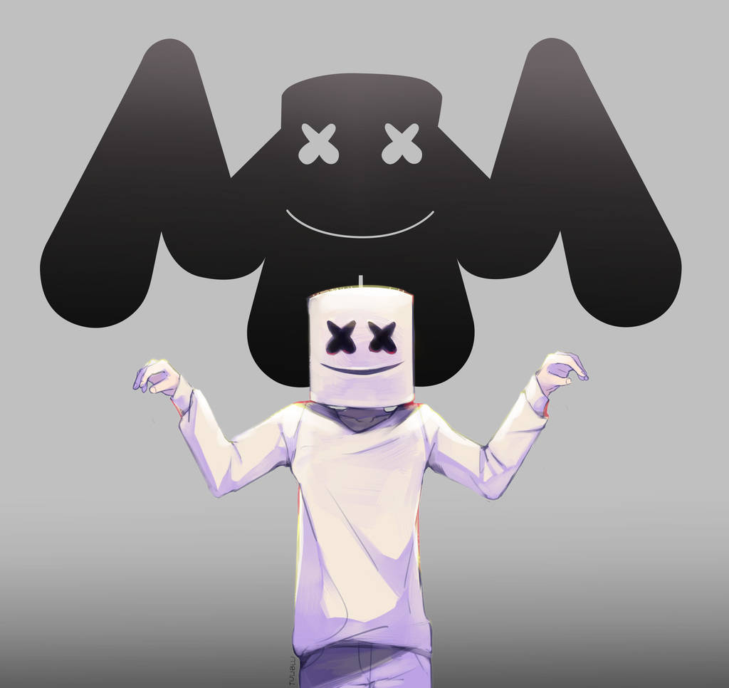 Marshmello 動態圖 桌布 壁紙 — 一個風格化的數位藝術人物，有著白色棉花糖頭和黑色蝙蝠般的翅膀，在純灰色背景上微笑。