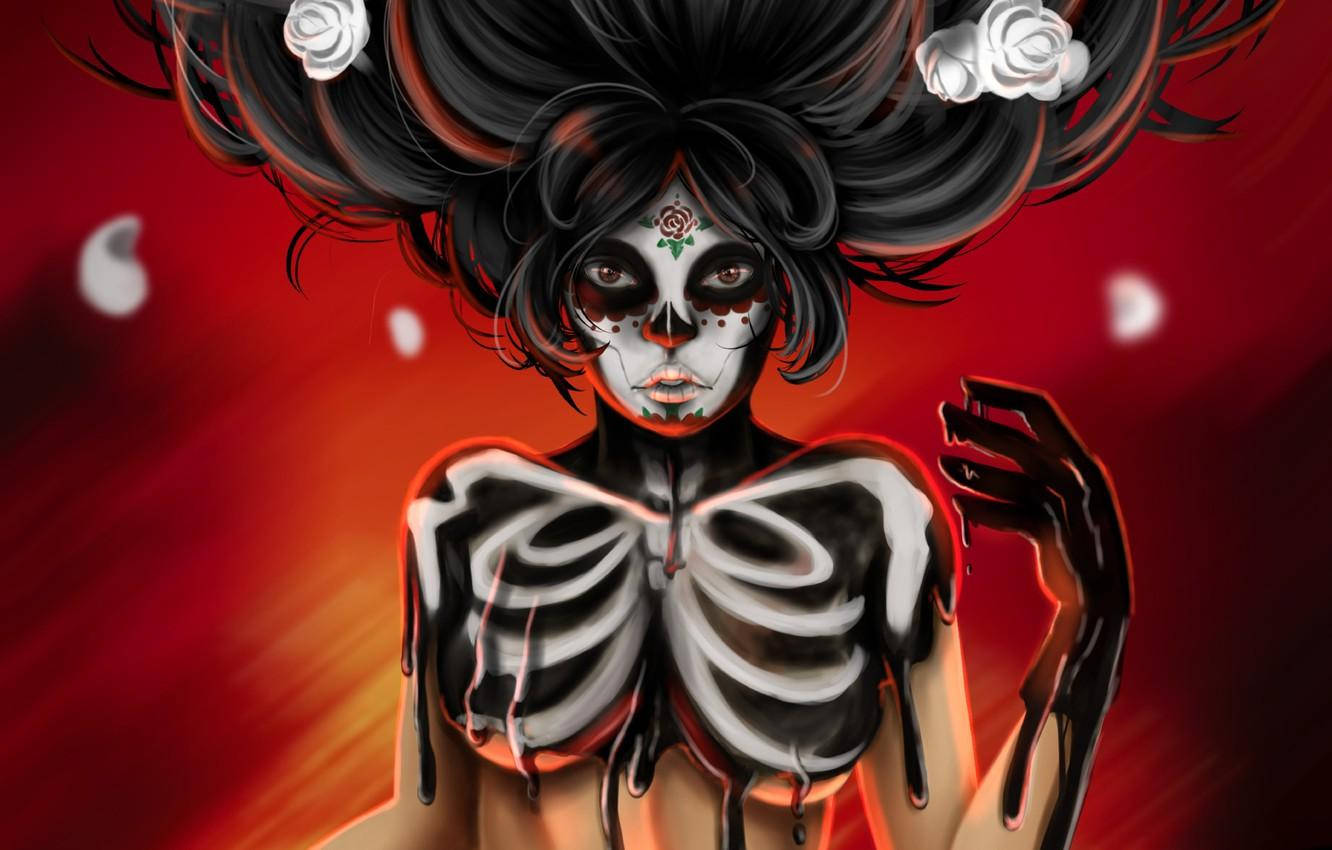 Dia De Los Muertos 桌布 壁紙 — 一個風格化的數位藝術作品，描繪一位擁有骷髏軀幹和糖骷髏化妝的女性，背景是火紅色。