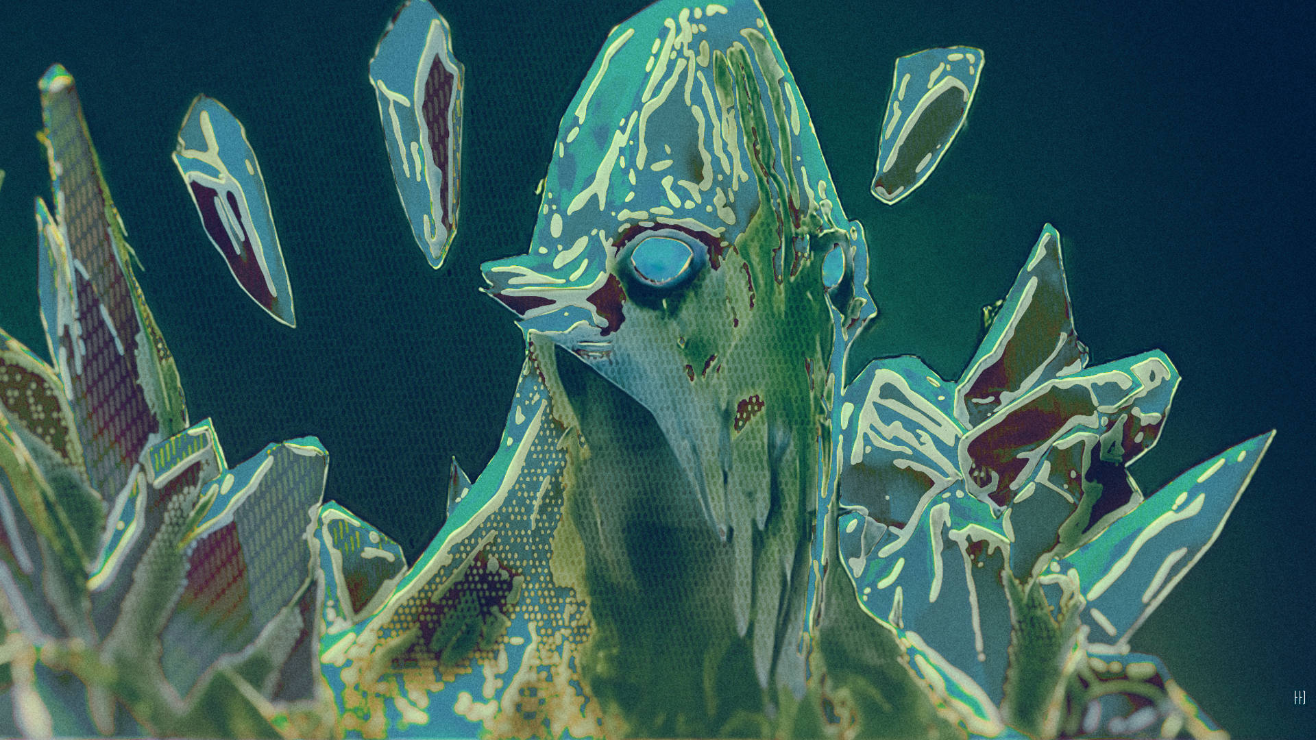 dota 2 4K 桌布 壁紙 — 一個風格化的數位藝術生物，擁有發光的藍色眼睛和鋸齒狀的綠色和藍綠色水晶盔甲，漂浮在深藍綠色背景上。