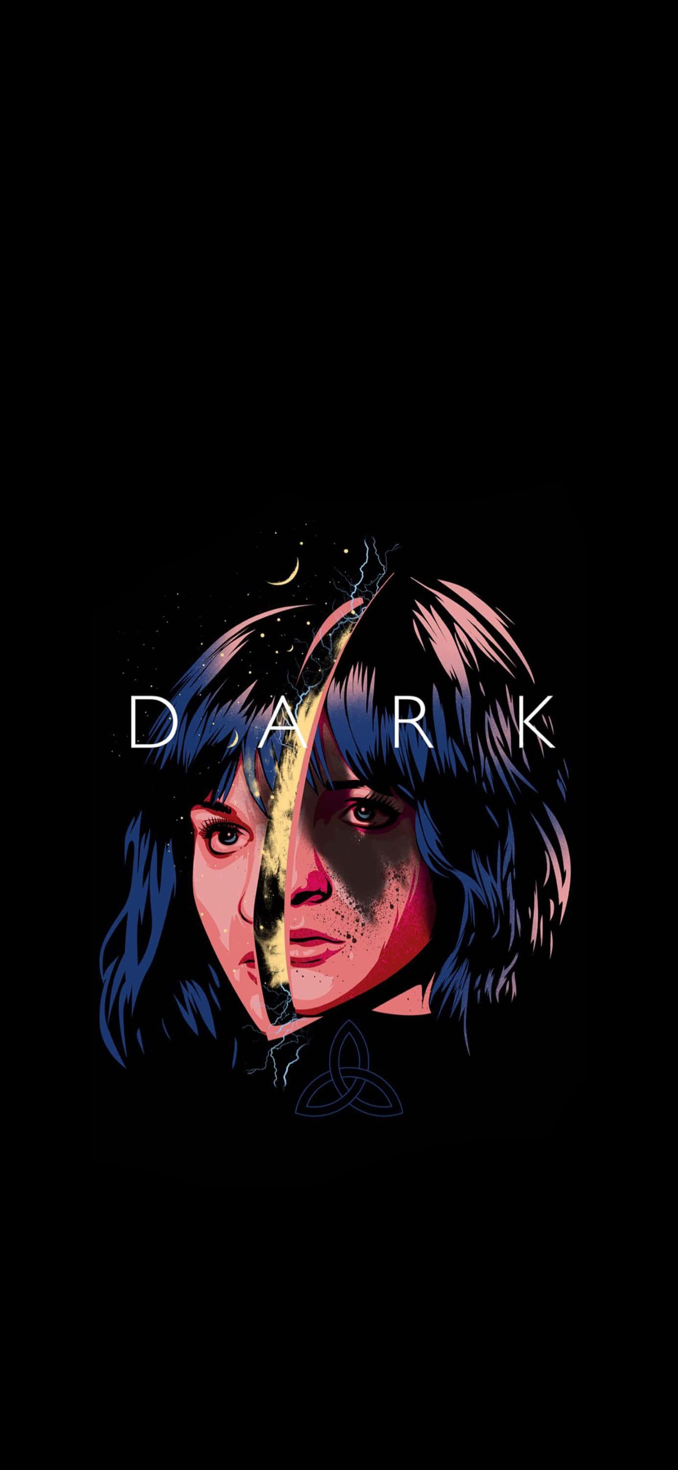 Dark Netflix 桌布 壁紙 — 一個風格化的數位藝術肖像，人物從中間分裂，帶有宇宙和地球元素，背景為黑色。