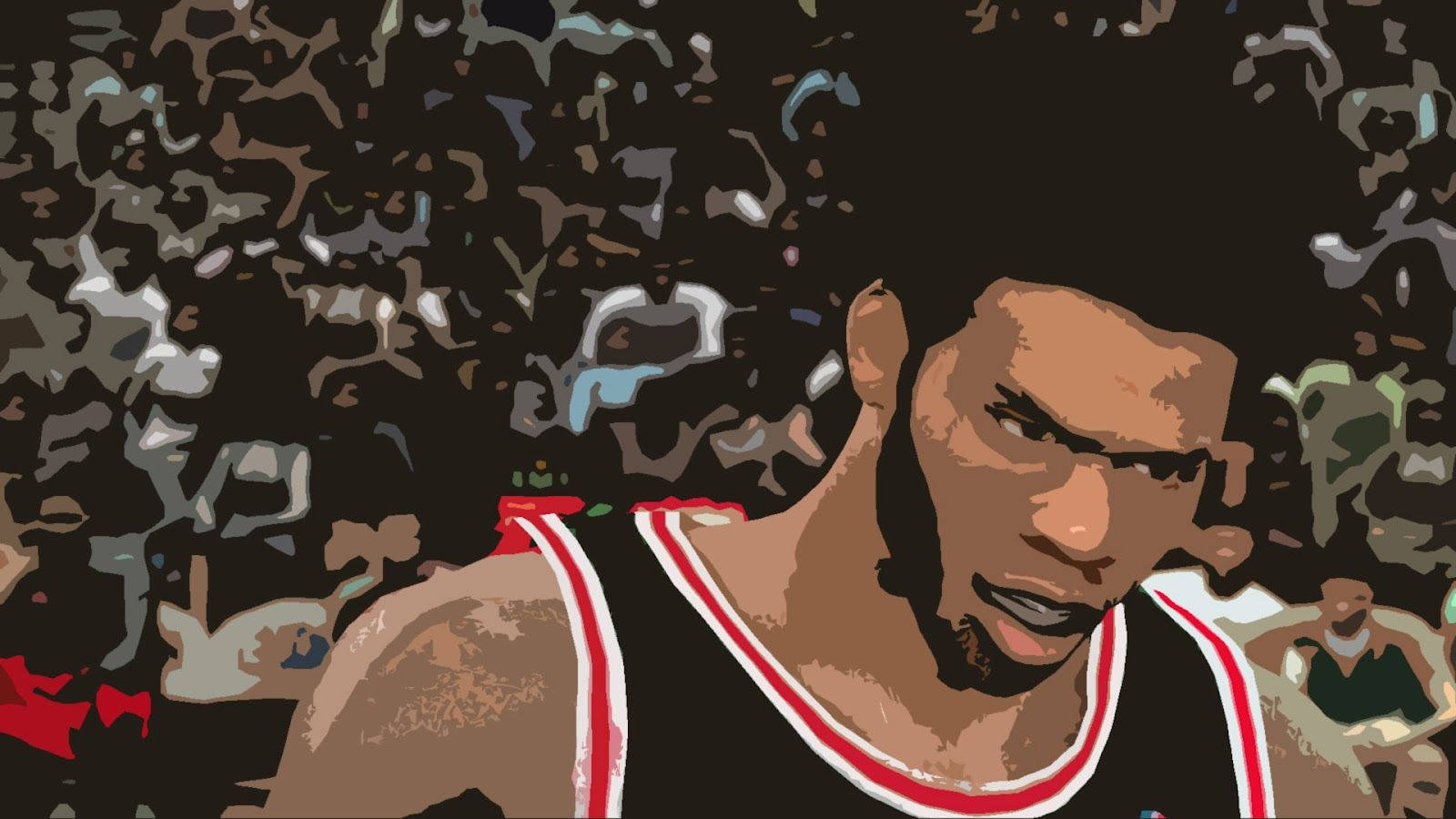 Kareem 桌布 壁紙 — 一個風格化的數位藝術肖像，描繪一名身穿黑紅球衣的籃球運動員，在混亂的抽象人群背景下展現強烈專注。