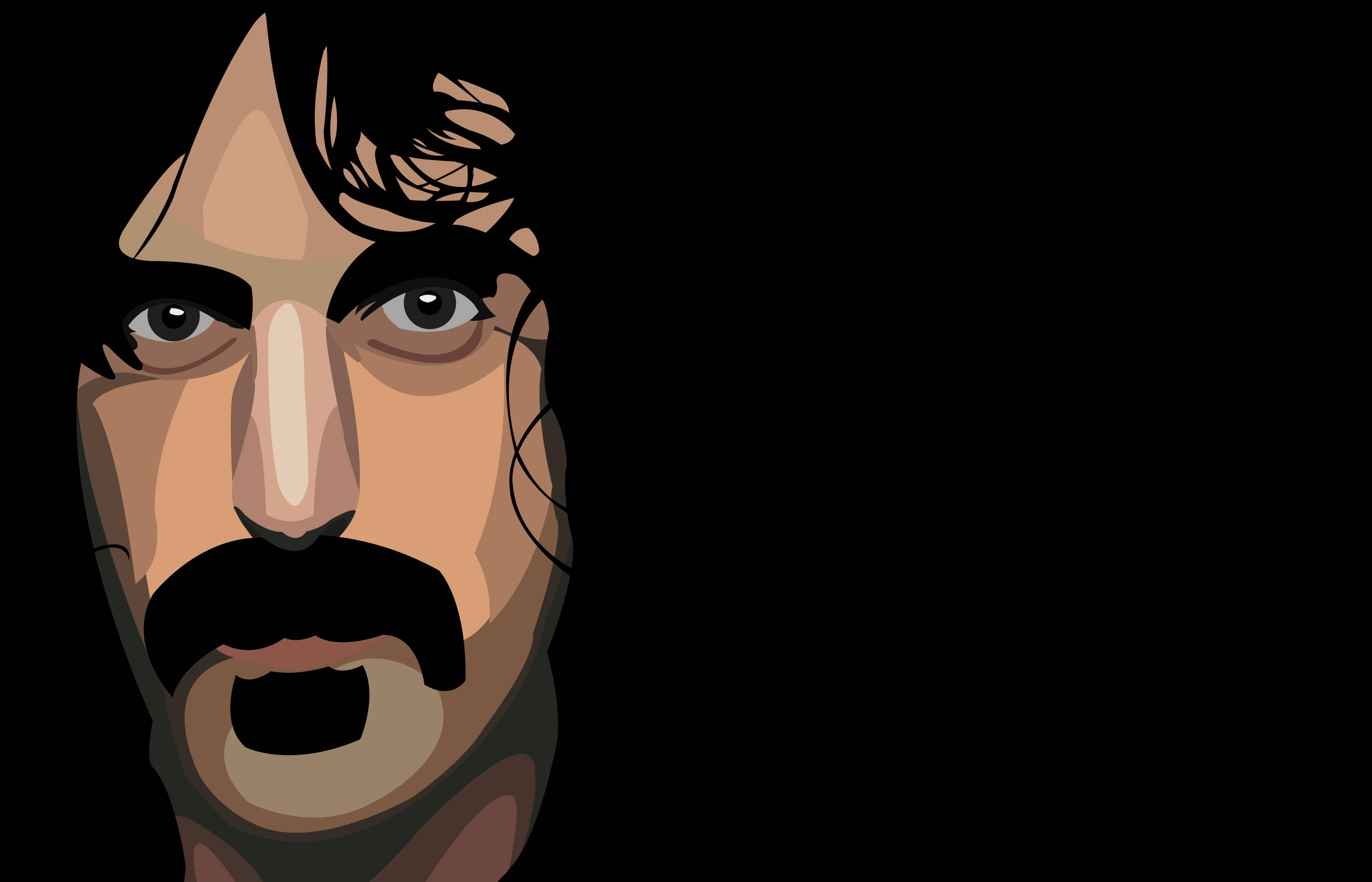 Zappa 桌布 壁紙 — 一個風格化的數位藝術肖像，描繪一位深色頭髮和鬍鬚的男子，背景為黑色。