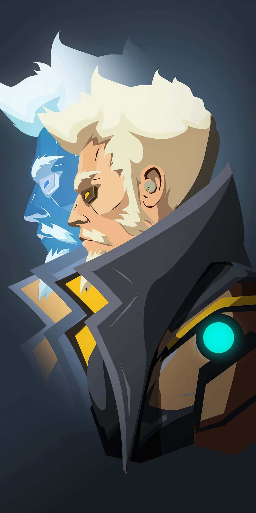 電玩遊戲 桌布 壁紙 — 一個風格化的數位藝術肖像，描繪一位白髮戰士，擁有發光的黃色眼睛，身後有一個藍色幽靈般的面孔。