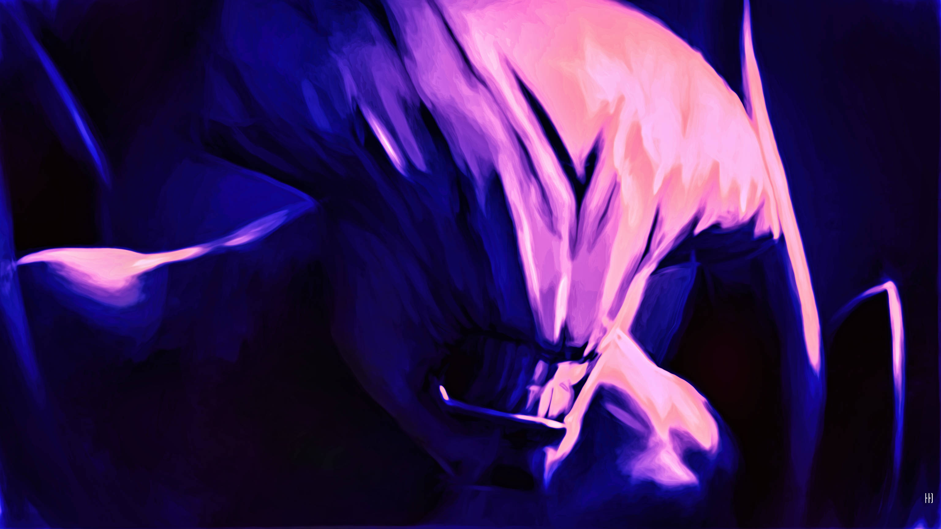 dota 2 4K 桌布 壁紙 — 一個風格化的數位藝術肖像，描繪一個帶有發光紫色和粉紅色高光的威脅性生物，背景為深色。