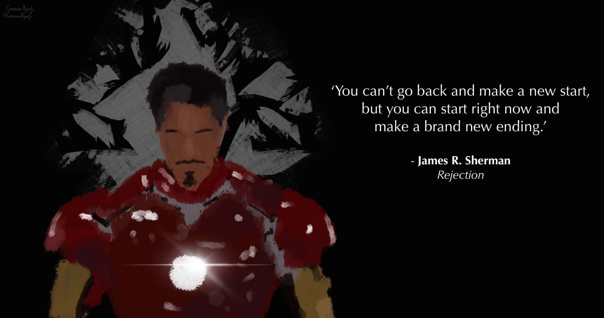 Iron Man Quotes 桌布 壁紙 — 一個風格化的數位藝術肖像，描繪一名身穿紅色裝甲服、胸前發光的男子，背景為破碎的玻璃。