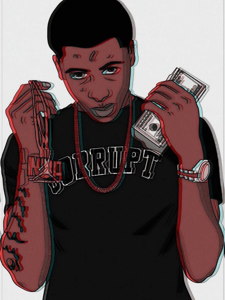 Youngboy 桌布 壁紙 — 一個風格化的數位藝術肖像，描繪一名年輕男子手持現金和一條鏈條，襯衫上寫有「CORRUPT」，以大膽的紅色和藍綠色調呈現。