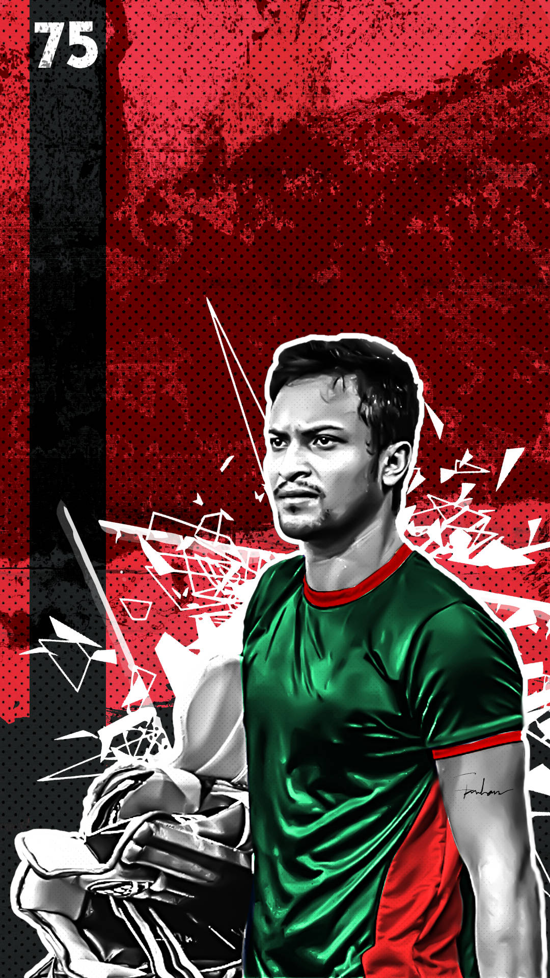 Shakib Al Hasan 桌布 壁紙 — 一個風格化的數位藝術肖像，描繪一位身穿綠色和紅色球衣的男性運動員，背景為大膽的紅色和黑色，帶有白色圖形碎片。
