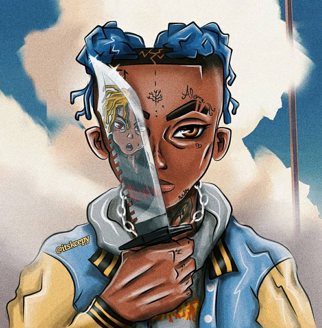 酷酷的xxxtentacion 桌布 壁紙 — 一個風格化的數位藝術肖像，描繪一位年輕人有藍色辮子，手持一把刀，刀片上嵌有幽靈般的面孔，背景是陰天。