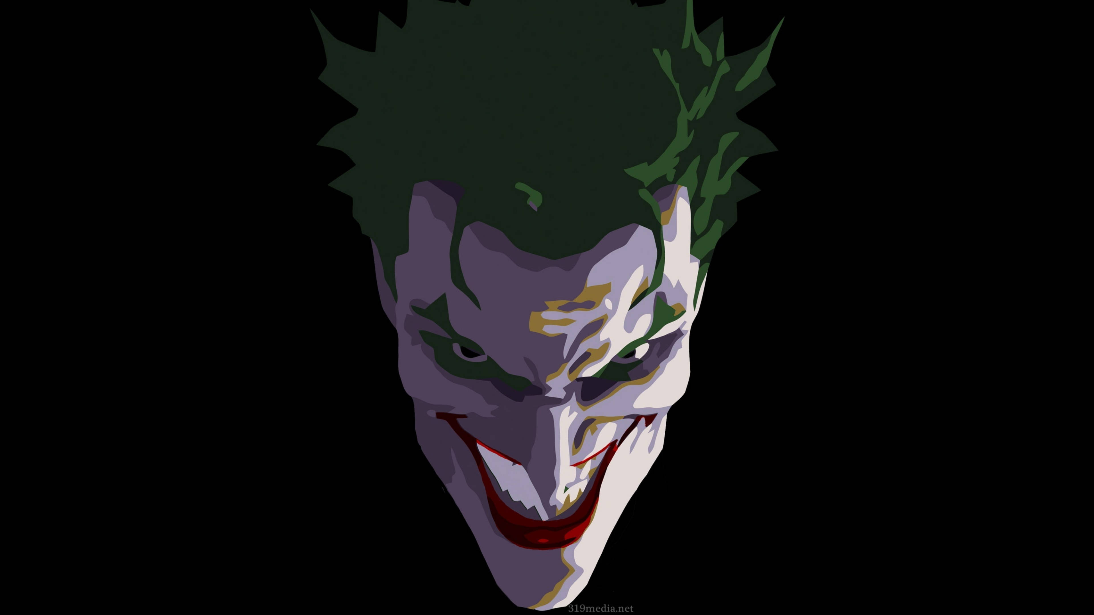 Joker Drawing 桌布 壁紙 — 一個風格化的數位藝術肖像，描繪小丑，綠色頭髮，寬闊的紅色笑容，黑色背景。