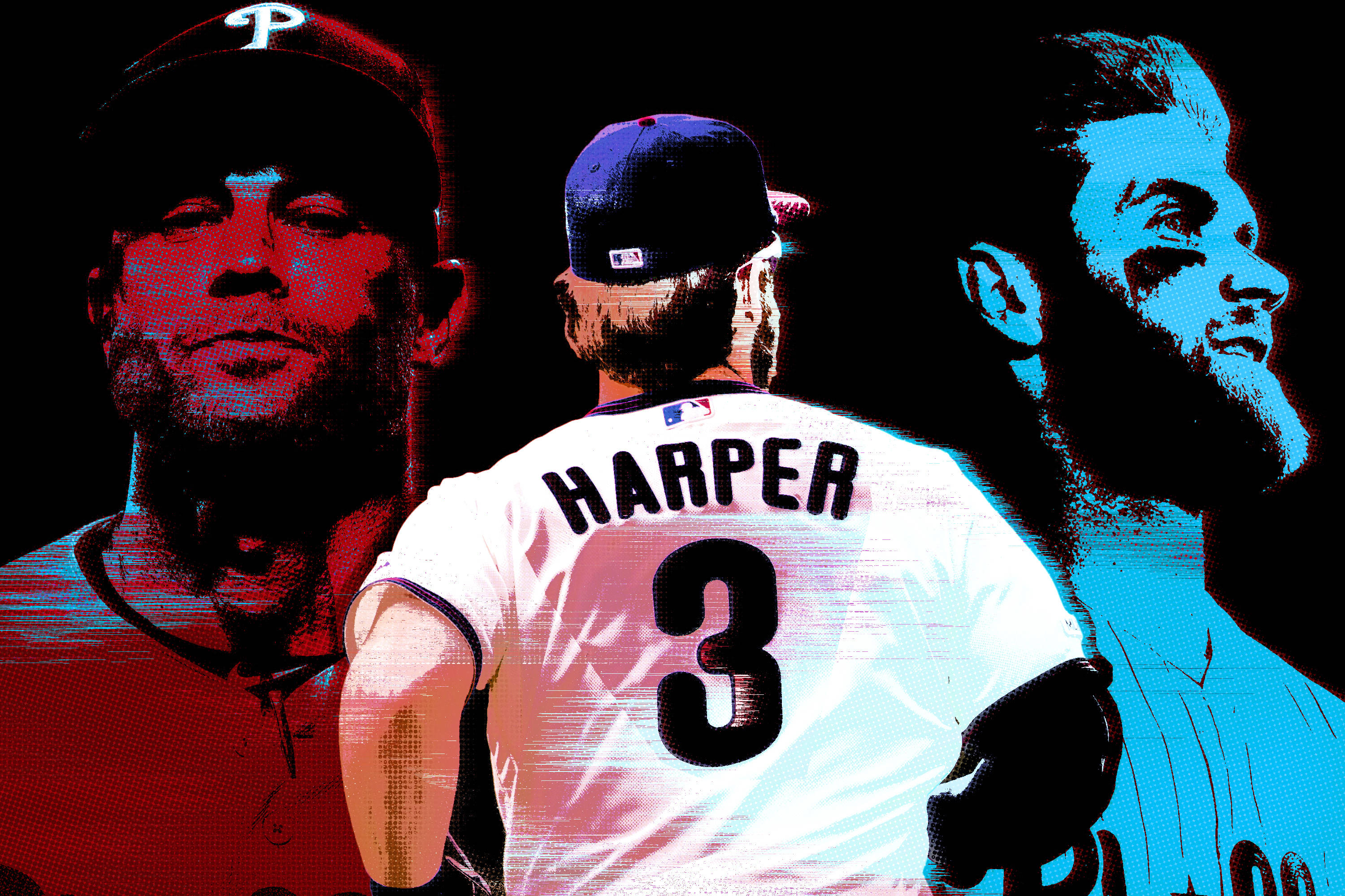 harper 桌布 壁紙 — 一個風格化的數位藝術肖像，描繪棒球運動員哈珀（3號）被另外兩名球員夾在中間，採用大膽的紅藍色塊設計。