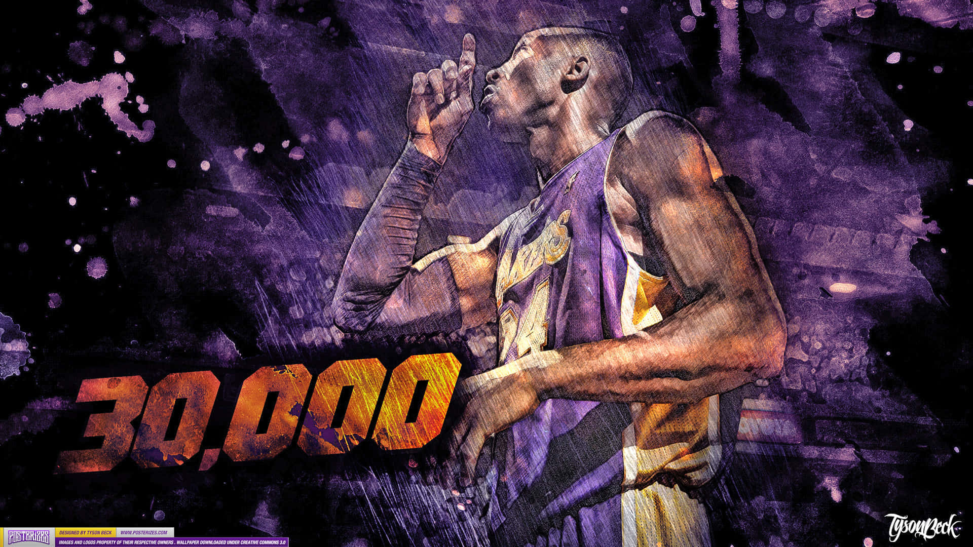 Kobe Basketball 桌布 壁紙 — 一個風格化的數位藝術肖像，描繪身穿湖人球衣的柯比·布萊恩做出手勢，背景是紫色潑濺效果，帶有火焰般的「30,000」文字。