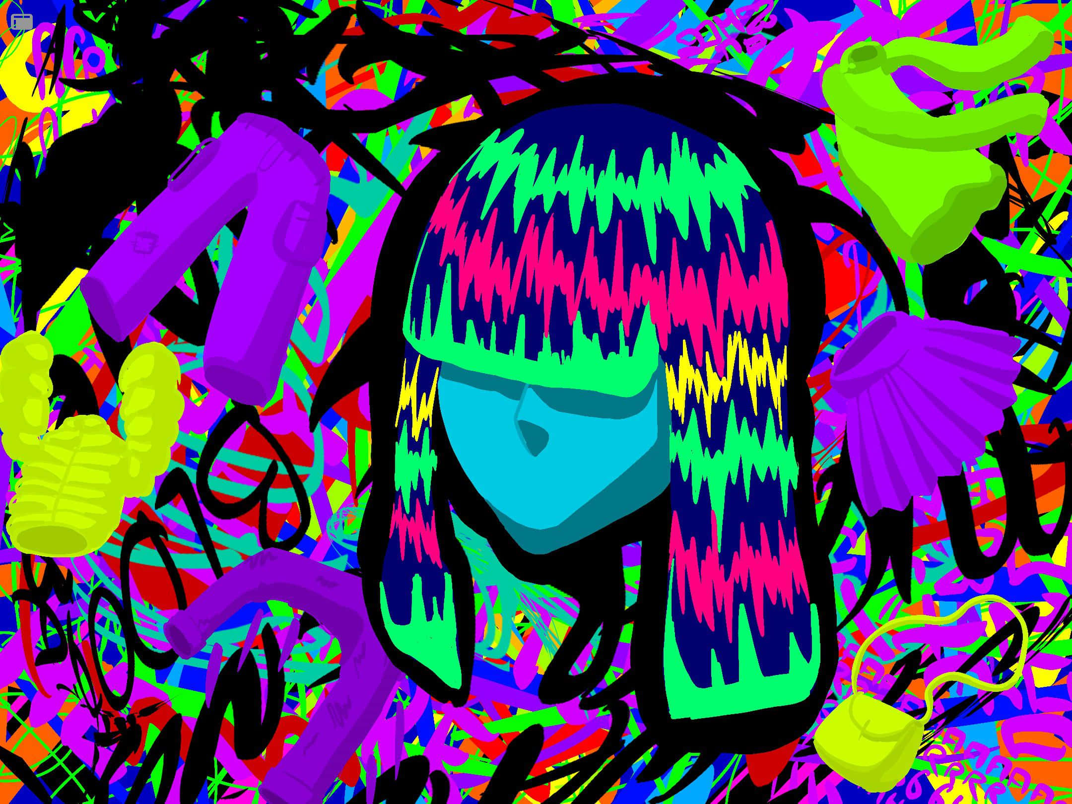 Glitchcore 桌布 壁紙 — 一個風格化的數位藝術肖像，臉部帶有霓虹色頭髮和鮮豔色彩中的抽象塗鴉元素。