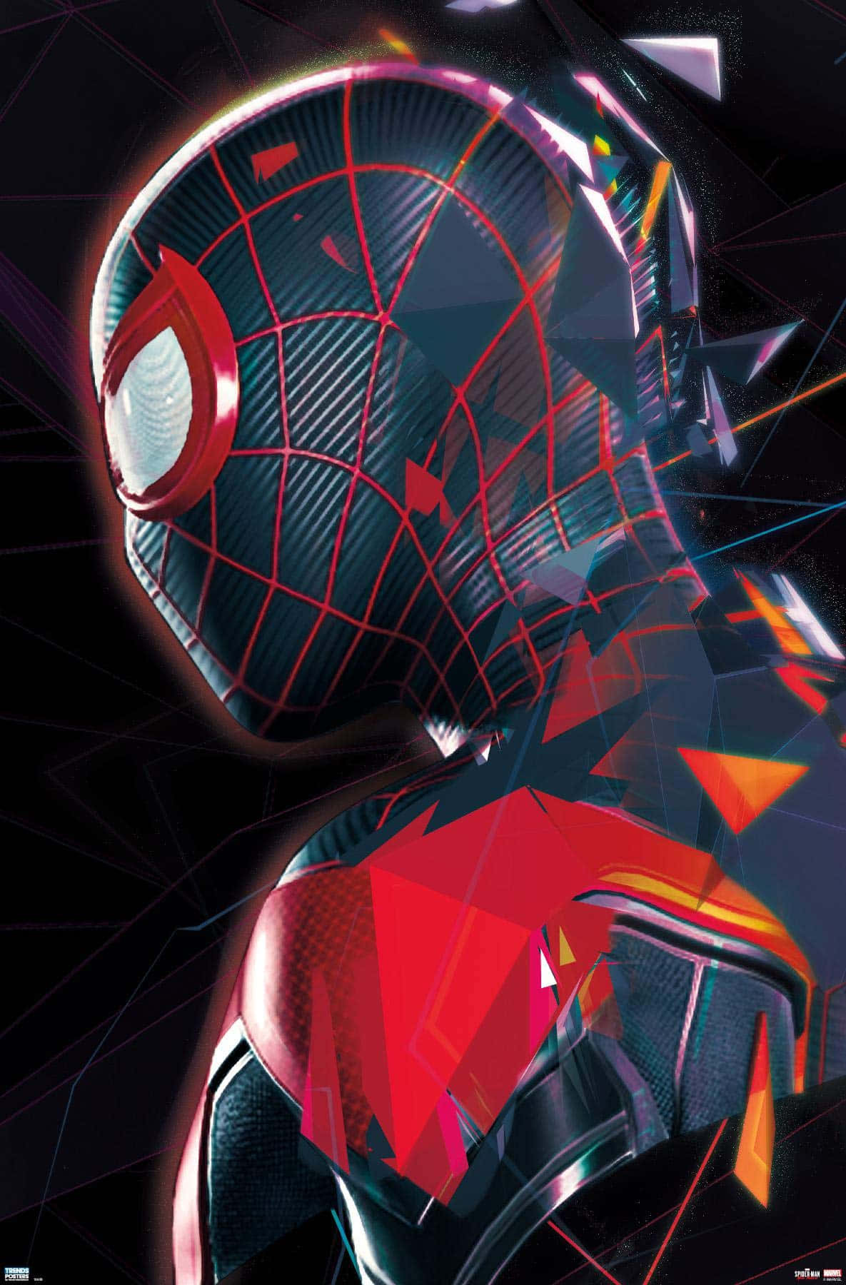 Marvel Profile 桌布 壁紙 — 一個風格化的數位藝術蜘蛛人，穿著幾何紅黑戰衣，帶有發光的蜘蛛網圖案，背景為深色抽象。