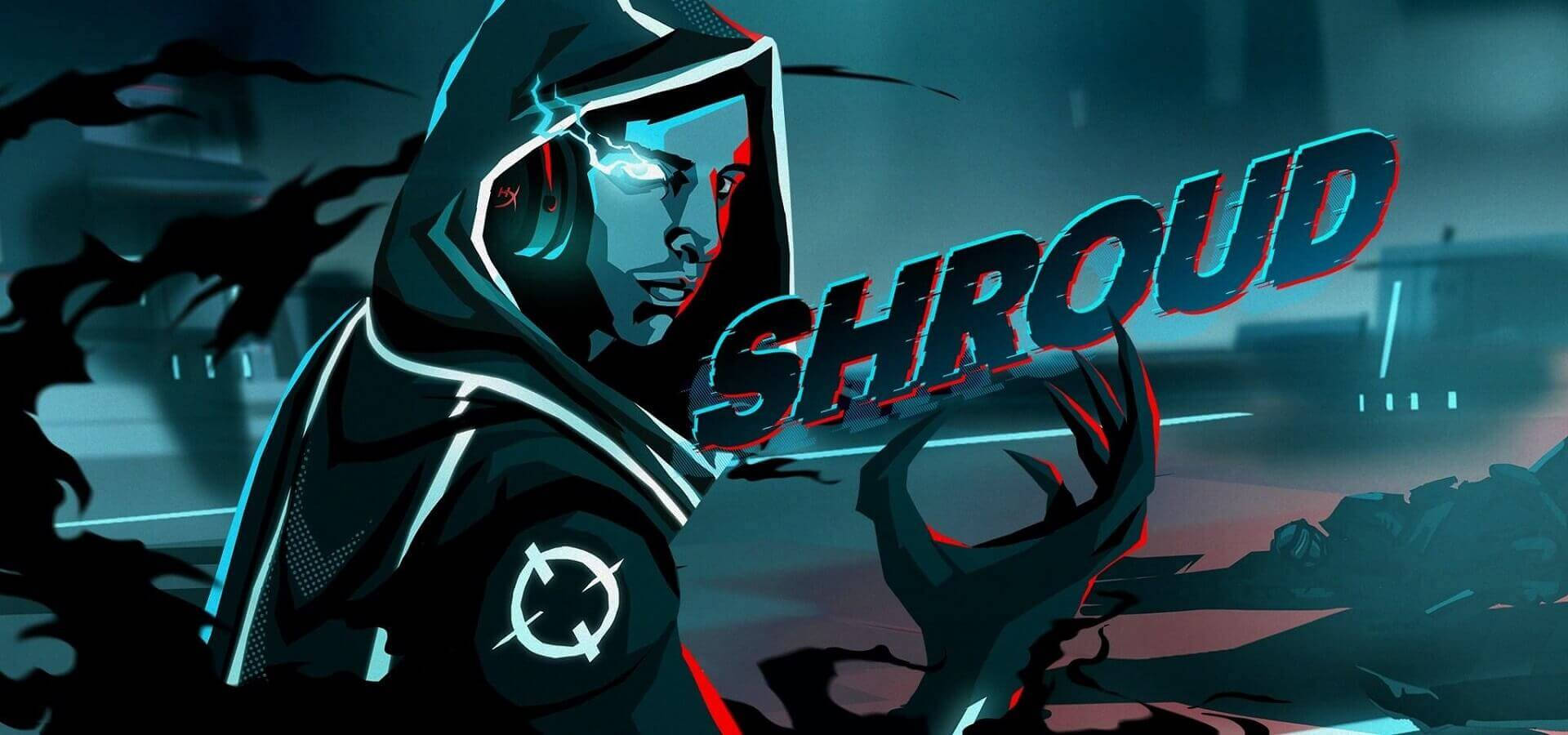 Shroud 桌布 壁紙 — 一個風格化的數位藝術角色，身穿連帽斗篷，眼睛發光並帶有霓虹色調，站在黑暗的城市背景前，帶有SHROUD字樣。