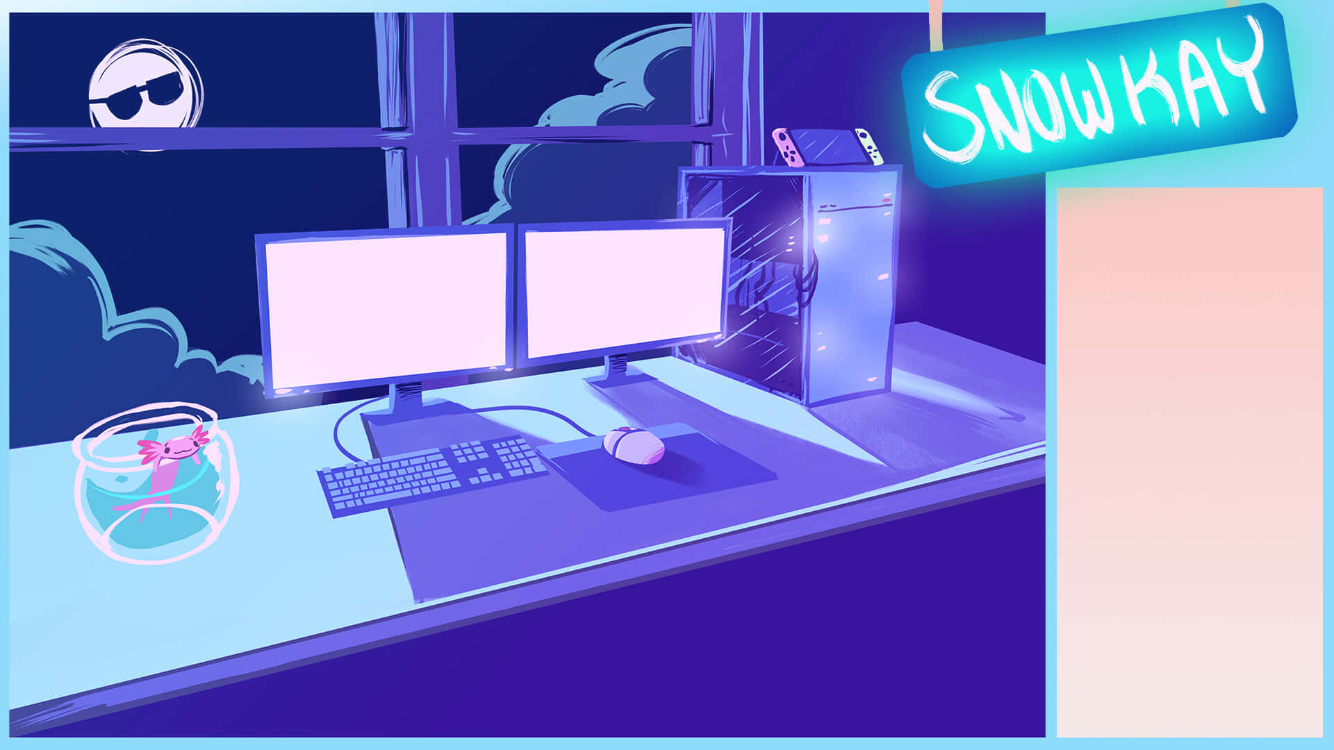 90s Aesthetic Laptop 桌布 壁紙 — 一個風格化的數位藝術遊戲設置，配備雙顯示器，在霓虹紫光下發光，一個帶有粉紅色魚的魚缸，以及一個「SNOWKAY」標誌。