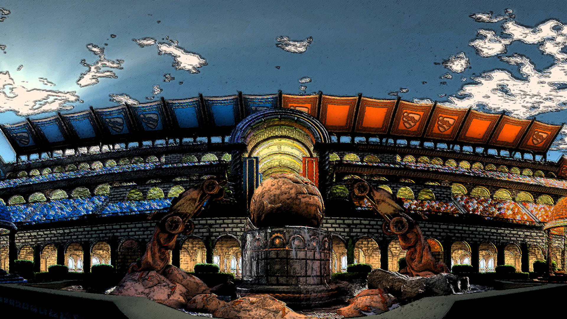 rocket league 1920x1080 桌布 壁紙 — 一個風格化的數位藝術體育場，在陰天天空下設有發光的橙色座位和石拱門。