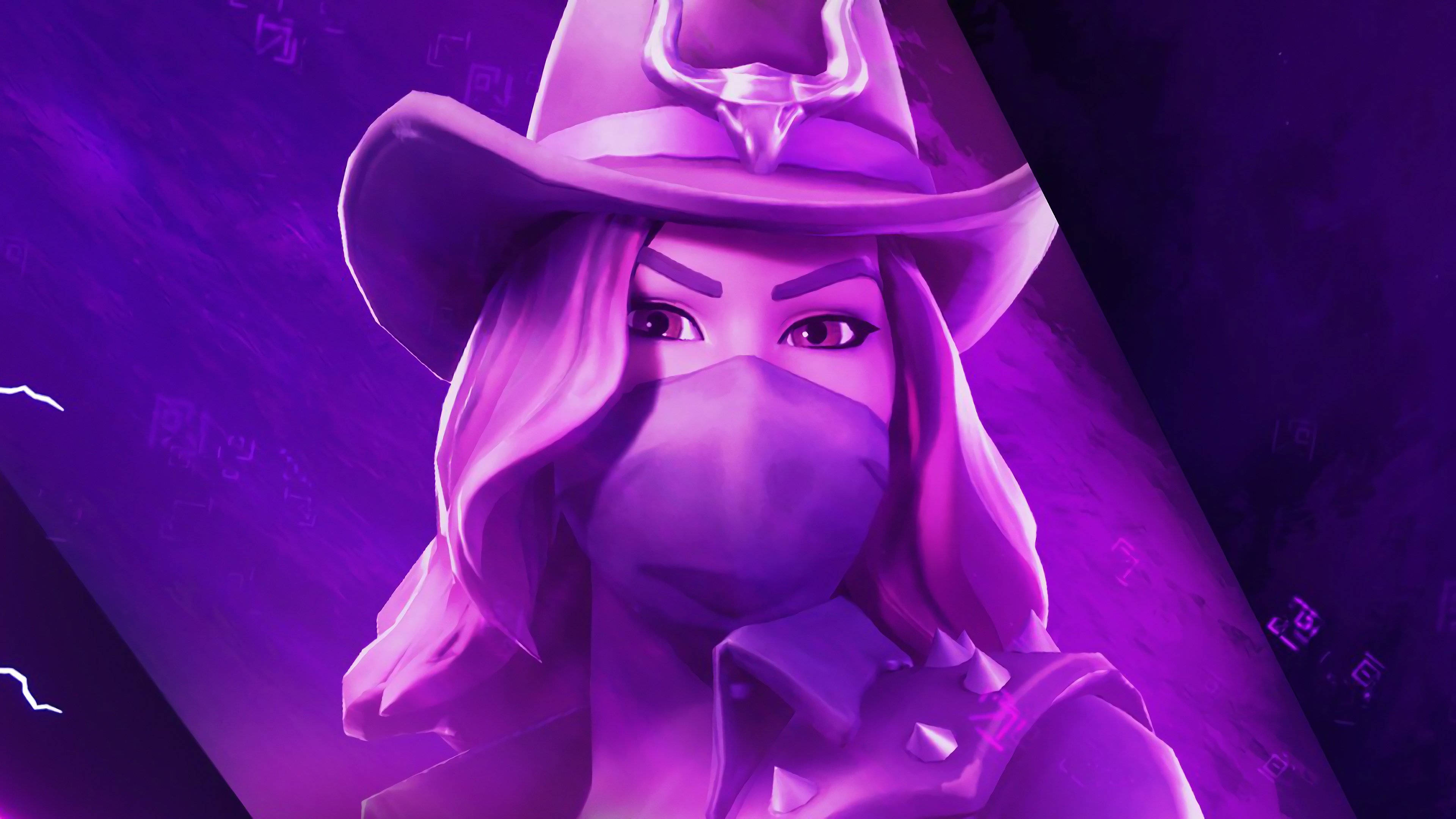 calamity fortnite 桌布 壁紙 — 一個風格化的數位角色，戴著紫色牛仔帽和面具，在紫色霓虹燈光下發光。