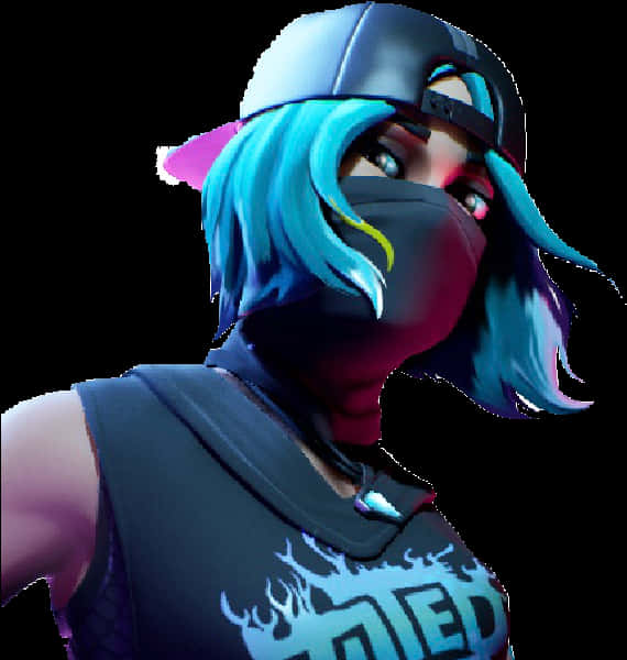 Fortnite Default Skin 桌布 壁紙 — 一個風格化的數位角色，藍色頭髮和口罩，在黑色背景下強烈凝視。