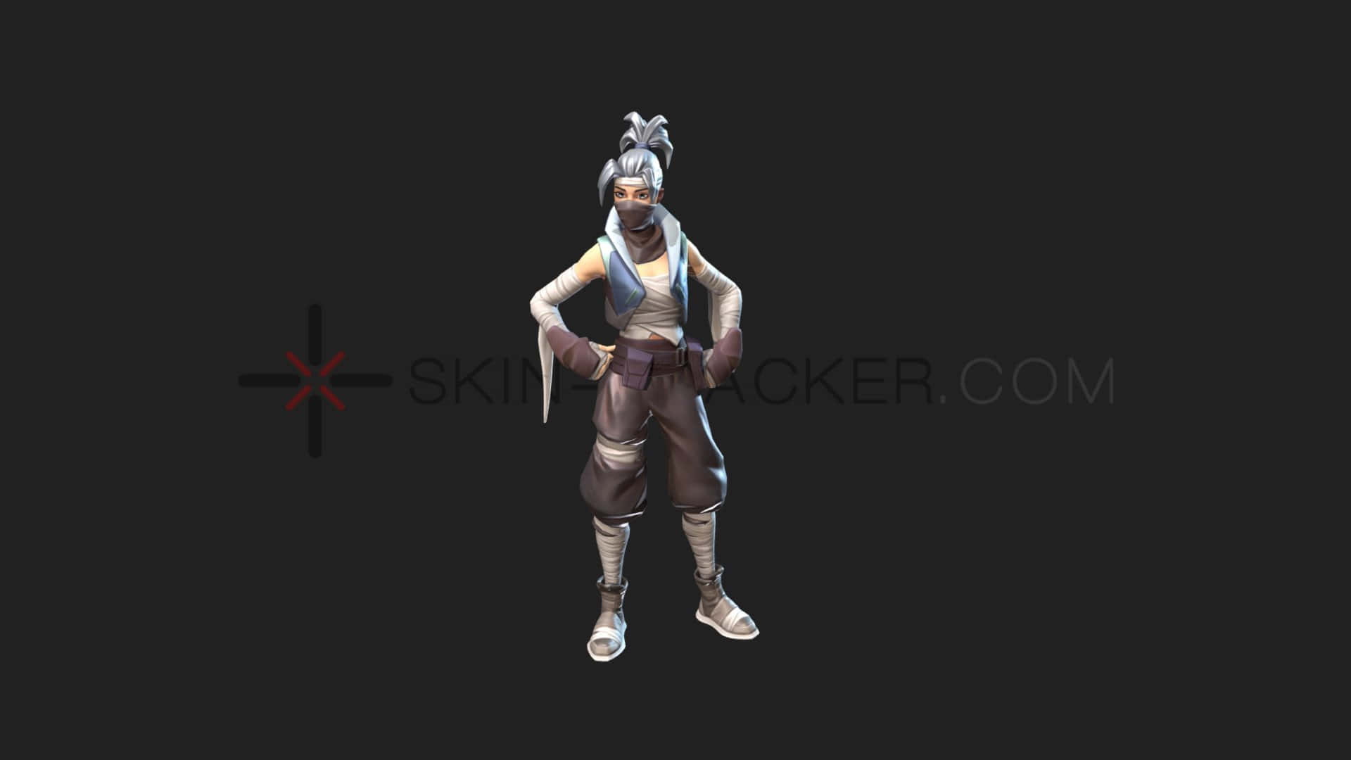 Fortnite Kuno 桌布 壁紙 — 一個風格化的數位角色，銀色頭髮和面具，自信地站在深色背景前。