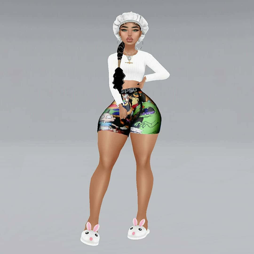 imvu 桌布 壁紙 — 一個風格化的數位頭像，戴著廚師帽和卡通印花短褲，自信地穿著兔子拖鞋站在純灰色背景前。