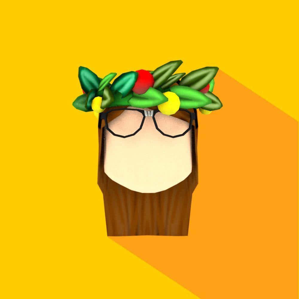 Roblox Avatar 桌布 壁紙 — 一個風格化的數位頭像，戴著眼鏡和水果葉冠，背景是鮮豔的黃色和橙色漸變。