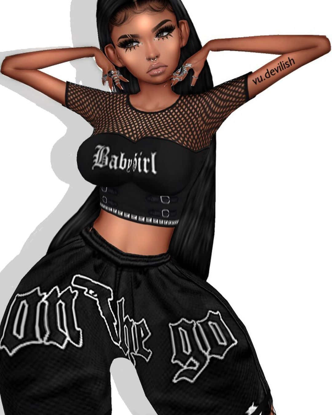 imvu 桌布 壁紙 — 一個風格化的數位頭像，擁有黑色長髮和大膽妝容，自信地穿著黑色網眼上衣和帶有塗鴉風格文字的寬鬆褲子。