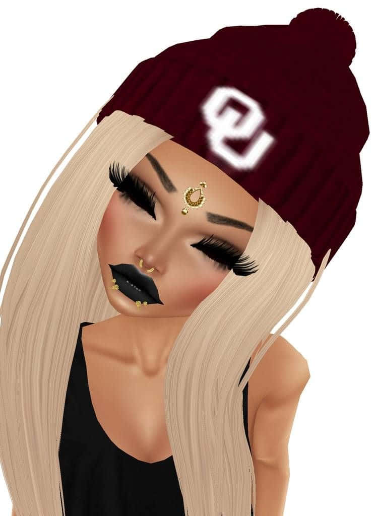imvu 桌布 壁紙 — 一個風格化的數位頭像，長長的金髮，戴著帶有白色OU標誌的栗色無邊帽，搭配大膽的黑色唇膏和金色珠寶。