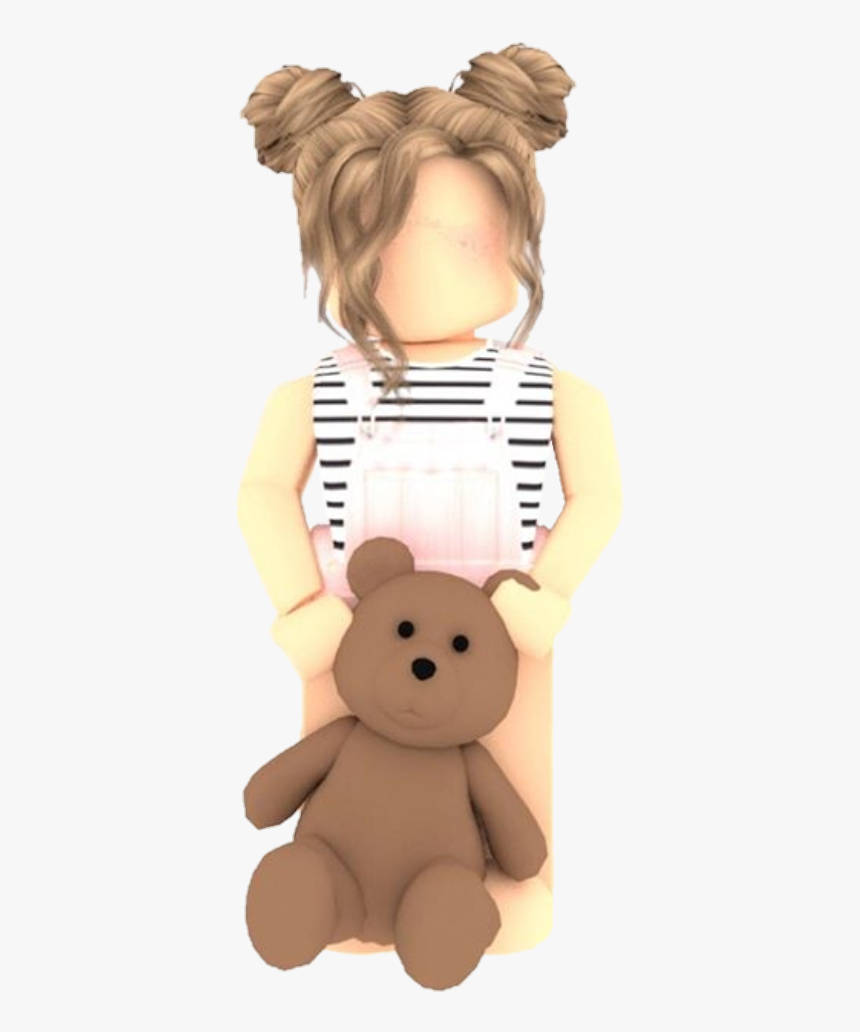 美學 Roblox 女孩 桌布 壁紙 — 一個風格化的數位頭像，雙丸子頭，在純色背景前抱著一隻棕色泰迪熊。