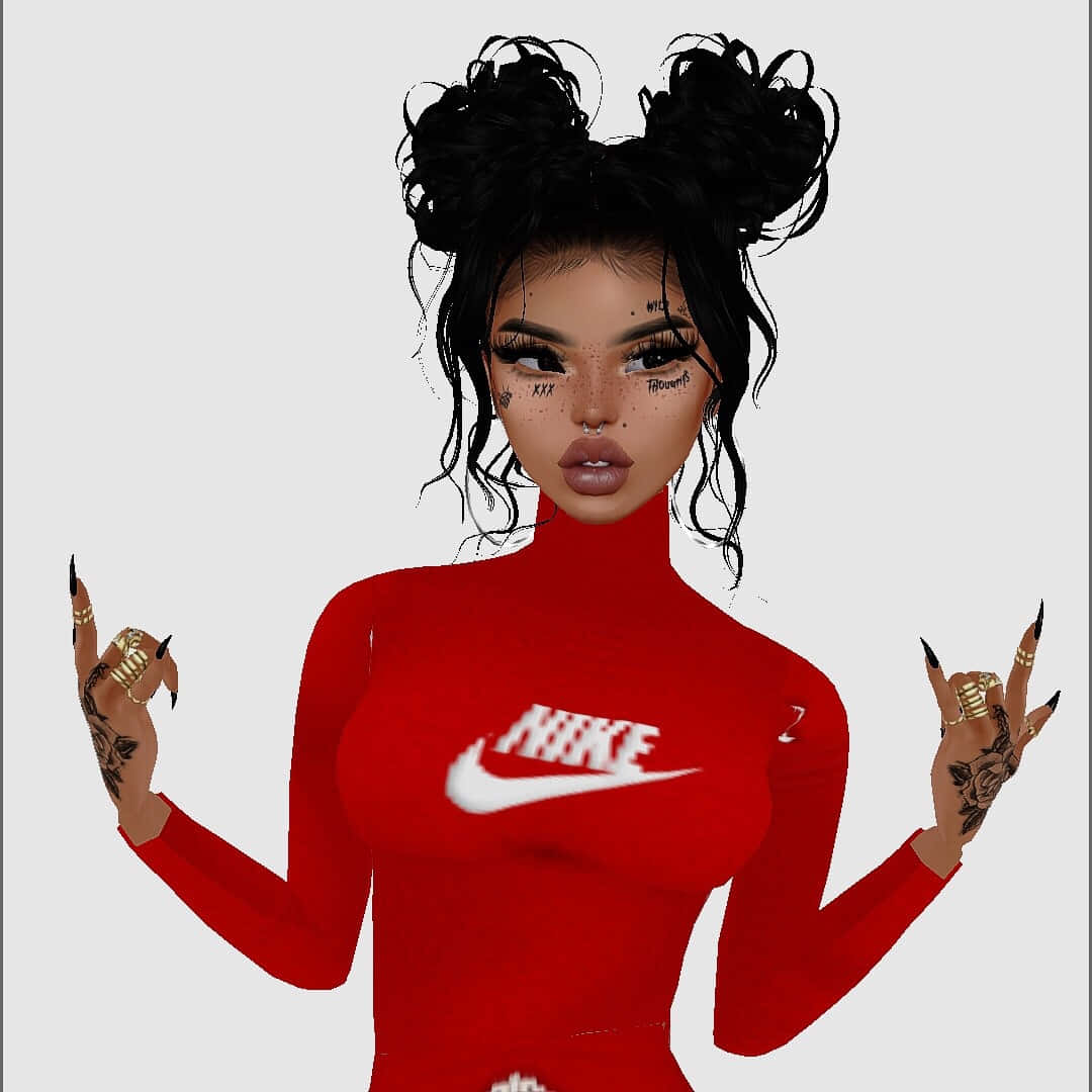imvu 桌布 壁紙 — 一個風格化的數位頭像，黑色雙丸子頭，穿著紅色Nike高領毛衣，做出搖滾手勢。