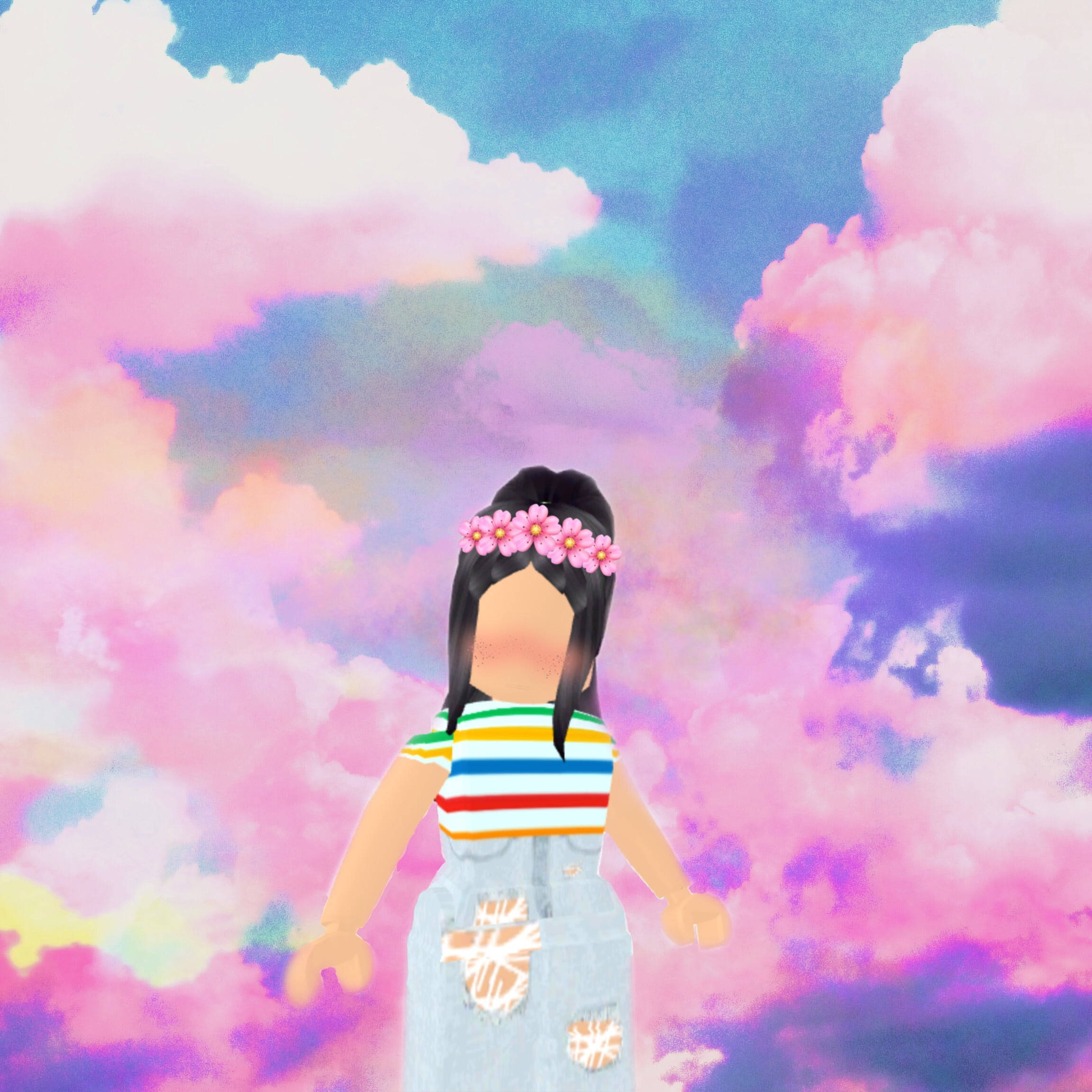 Roblox 桌布 壁紙 — 一個風格化的數位頭像戴著花冠，站在夢幻的粉紅、紫色和藍色雲彩的粉彩天空前。