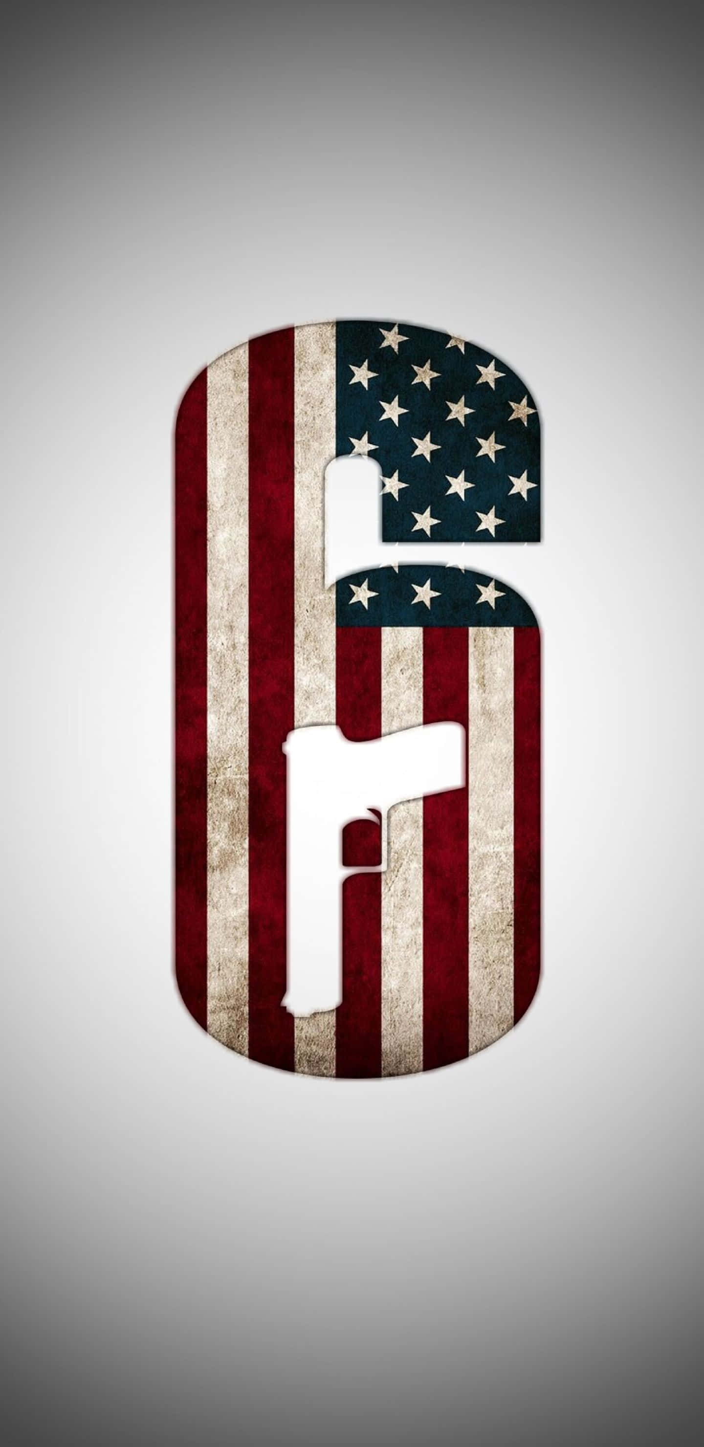 Pixel 3xl Rainbow Six Siege 桌布 壁紙 — 一個風格化的數字六，形狀像手槍，帶有磨損的美國國旗條紋和星星紋理。