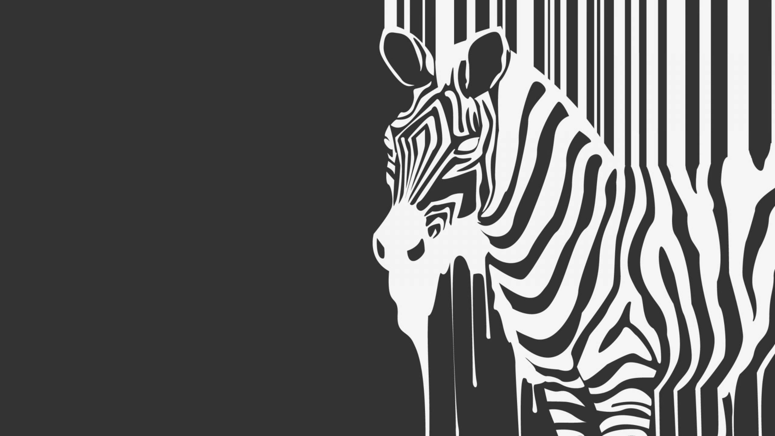Zebra 桌布 壁紙 — 一個風格化的斑馬頭，帶有滴落的條紋，融入條碼線條，背景為深灰色。