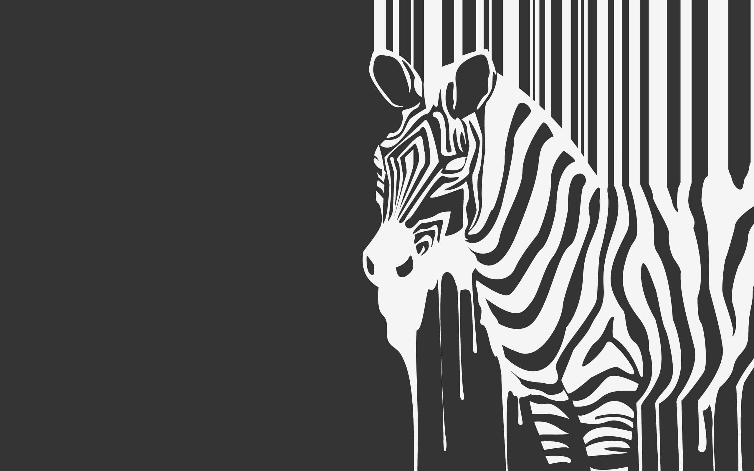 Zebra 桌布 壁紙 — 一個風格化的斑馬頭，帶有融化條紋，在深灰色背景上融合成條碼線條。