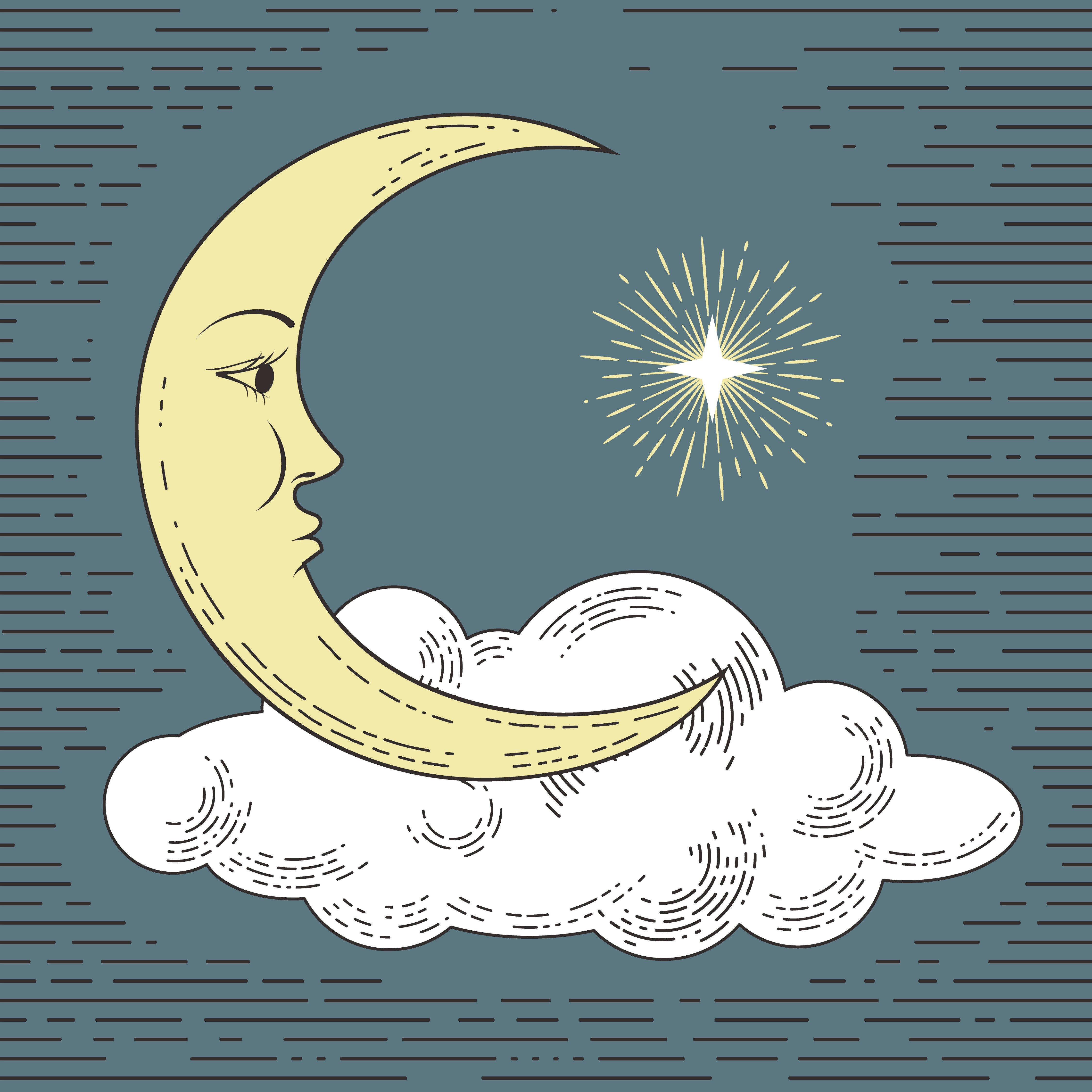 月亮與星星 桌布 壁紙 — 一個風格化的新月，帶有寧靜的臉龐，躺在蓬鬆的雲朵上，下方是一顆閃耀的星星，背景是紋理豐富的夜空。