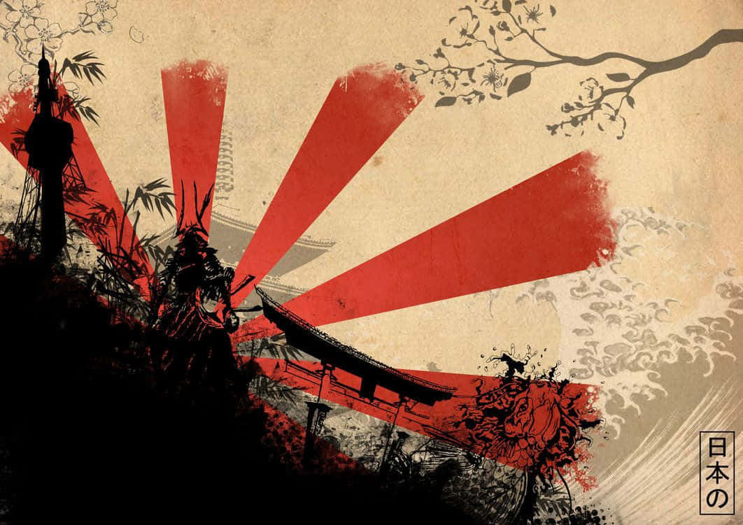 桌布 壁紙 — 一個風格化的日本武士剪影站在大膽的紅色太陽前，背景是帶有櫻花和波浪的紋理米色背景。