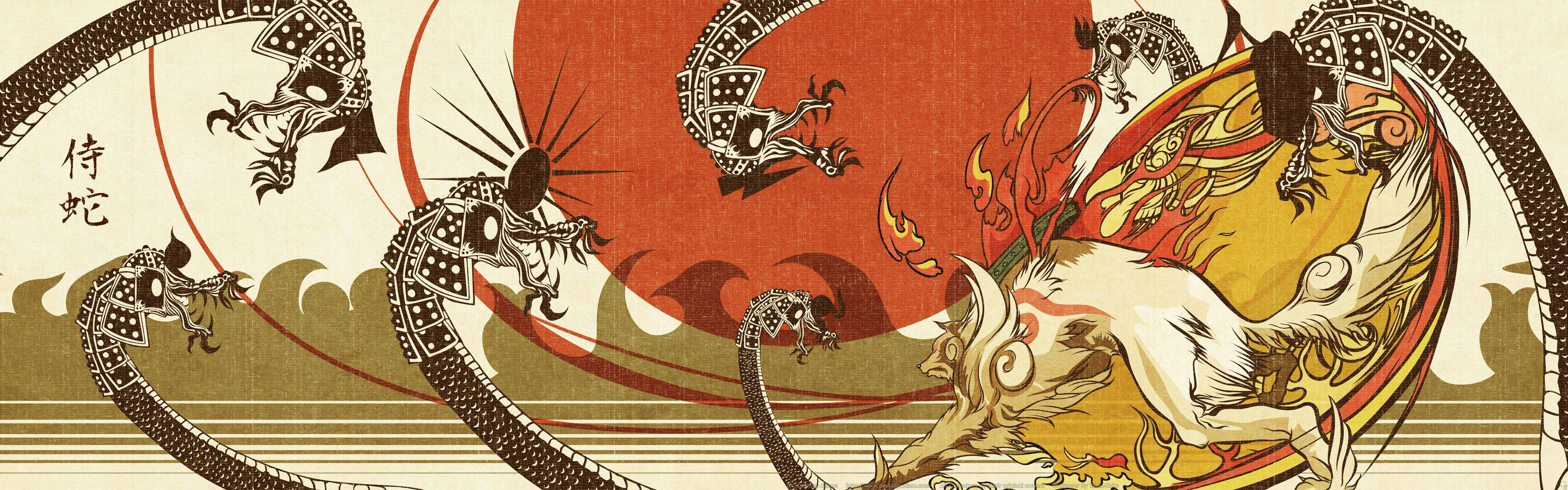 Okami 桌布 壁紙 — 一個風格化的日本神話場景，一匹白馬和黑色龍在條紋背景上圍繞紅日旋轉。