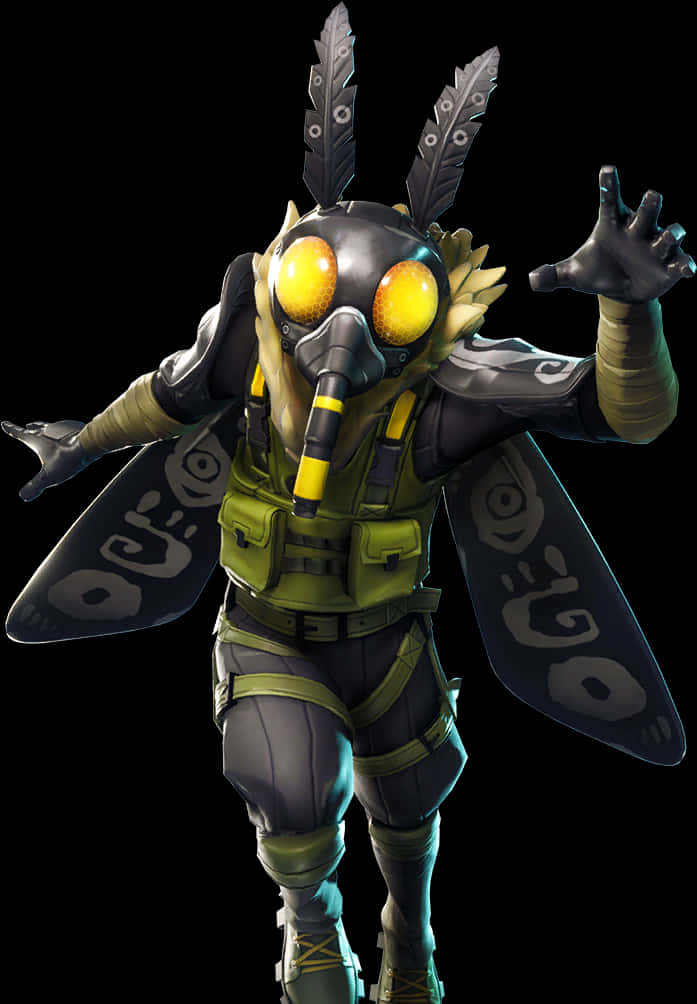 Fortnite Character 桌布 壁紙 — 一個風格化的昆蟲角色，擁有發光的黃色眼睛和羽毛狀觸角，在黑色背景前擺出動態姿勢。