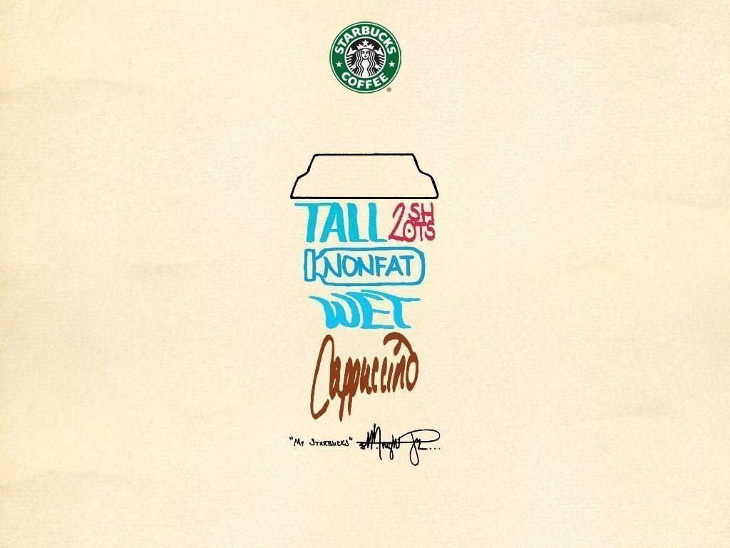Coffee Cup 桌布 壁紙 — 一個風格化的星巴克咖啡杯插圖，上面有手寫文字「TALL 2 SHOTS NONFAT WET Cappuccino」，下方有簽名。