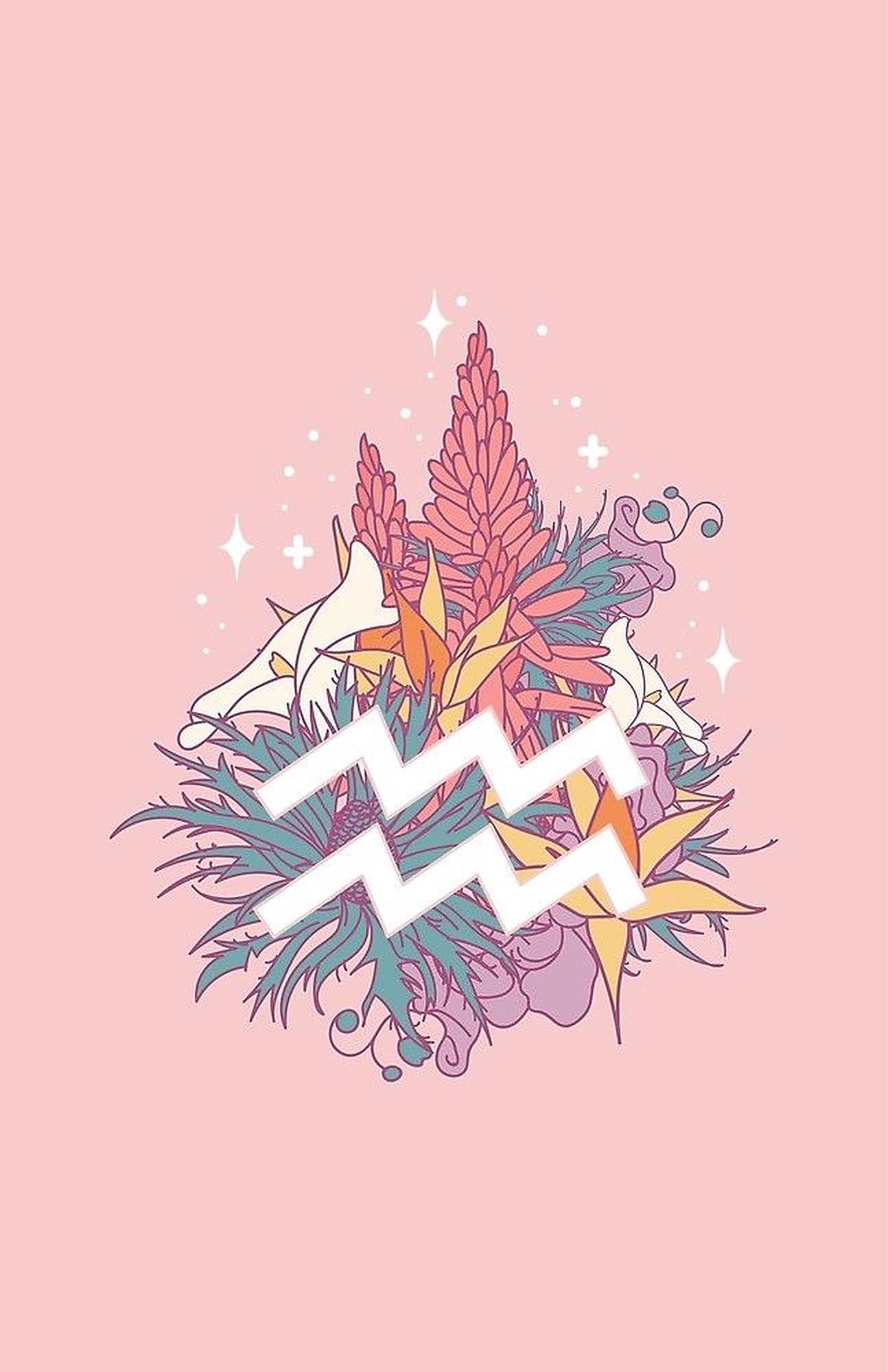 aquarius 桌布 壁紙 — 一個風格化的星座水象符號從充滿活力的花卉佈置中浮現，背景是柔和的粉紅色。