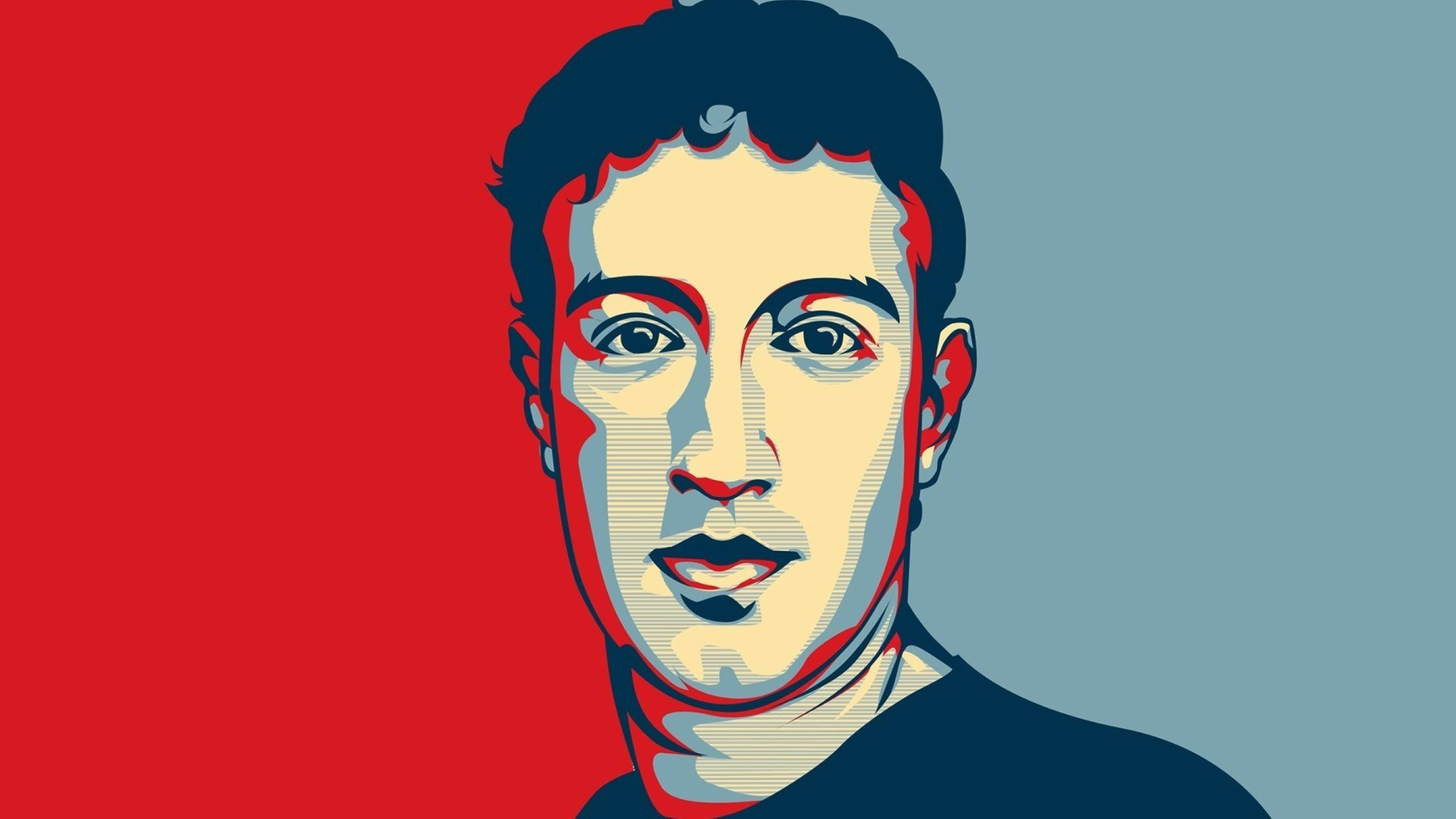 Zuckerberg 桌布 壁紙 — 一個風格化的普普藝術男子肖像，帶有醒目的紅色和藍色背景以及半色調陰影。