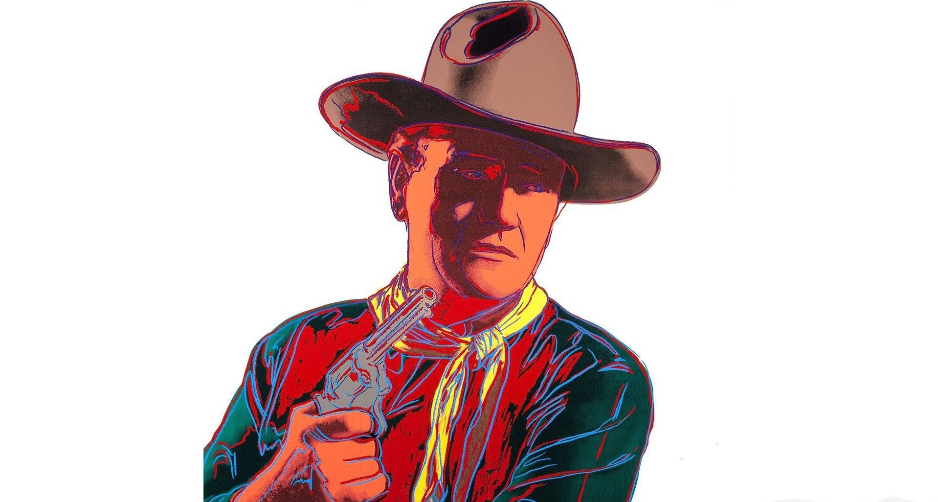 John Wayne 桌布 壁紙 — 一個風格化的普普藝術肖像，描繪一位牛仔手持左輪手槍，色彩大膽，陰影鮮明，背景為白色。