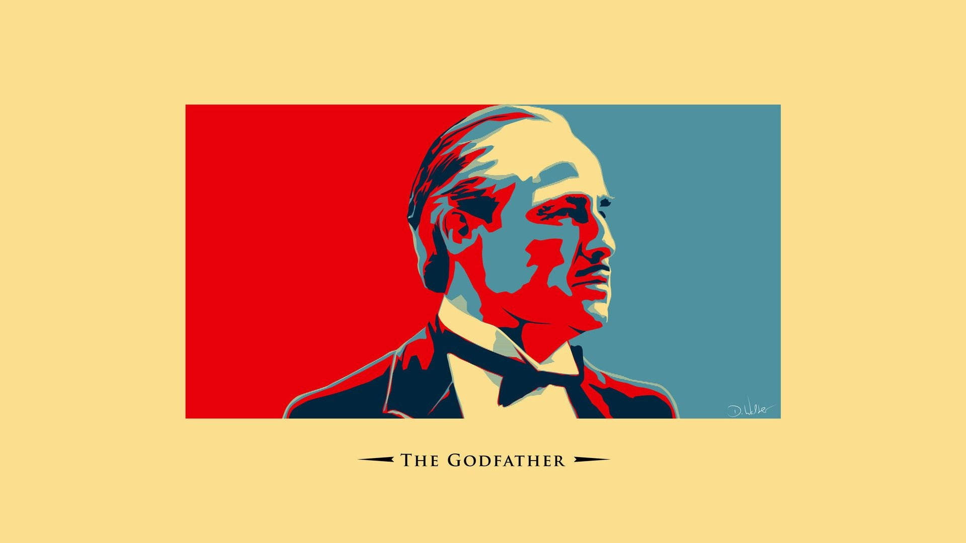 Godfather 桌布 壁紙 — 一個風格化的普普藝術肖像，描繪一位穿著西裝的男子，以紅色和藍色色塊在黃色背景上呈現。